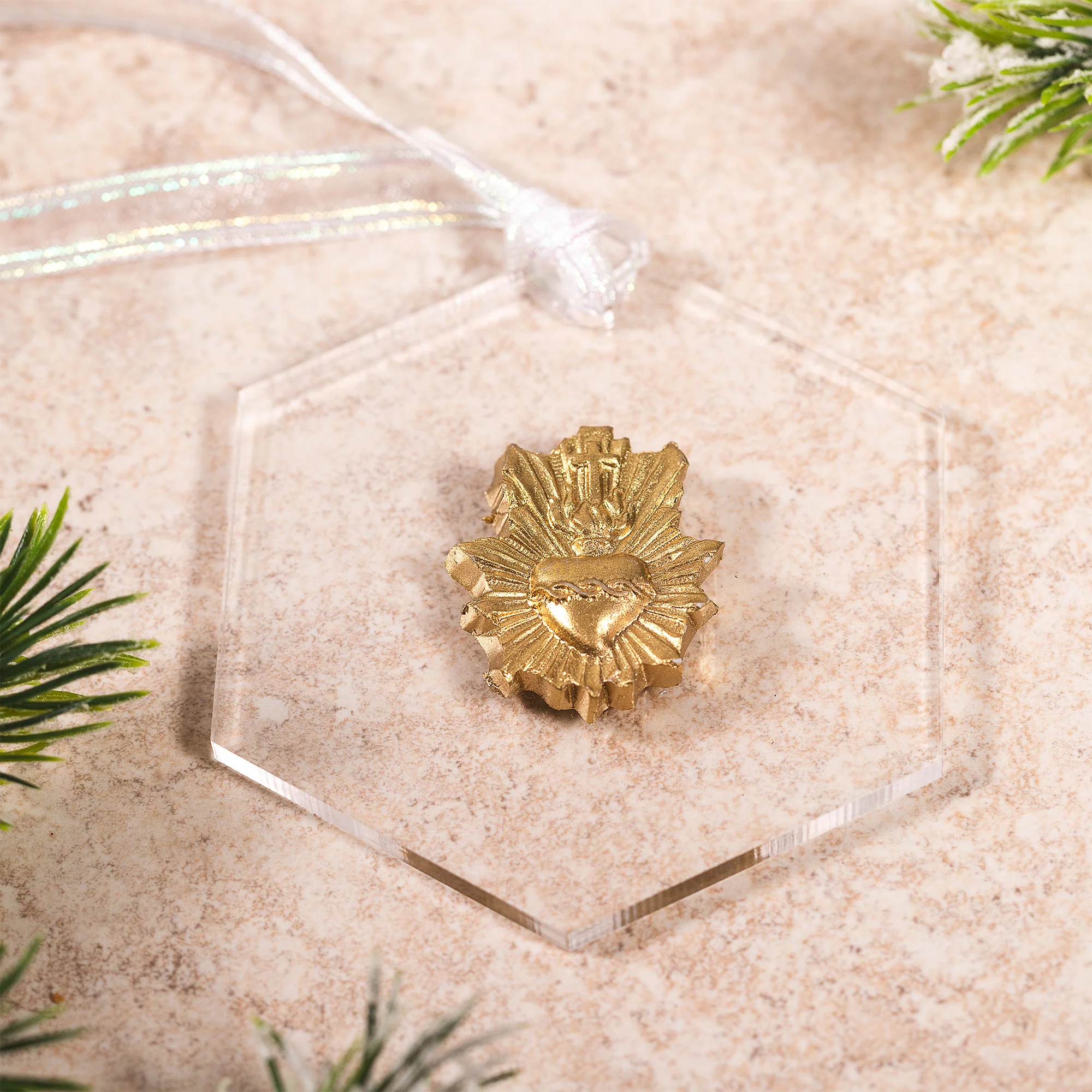Gold Acrylic Sacred Heart Ornament - Image 2