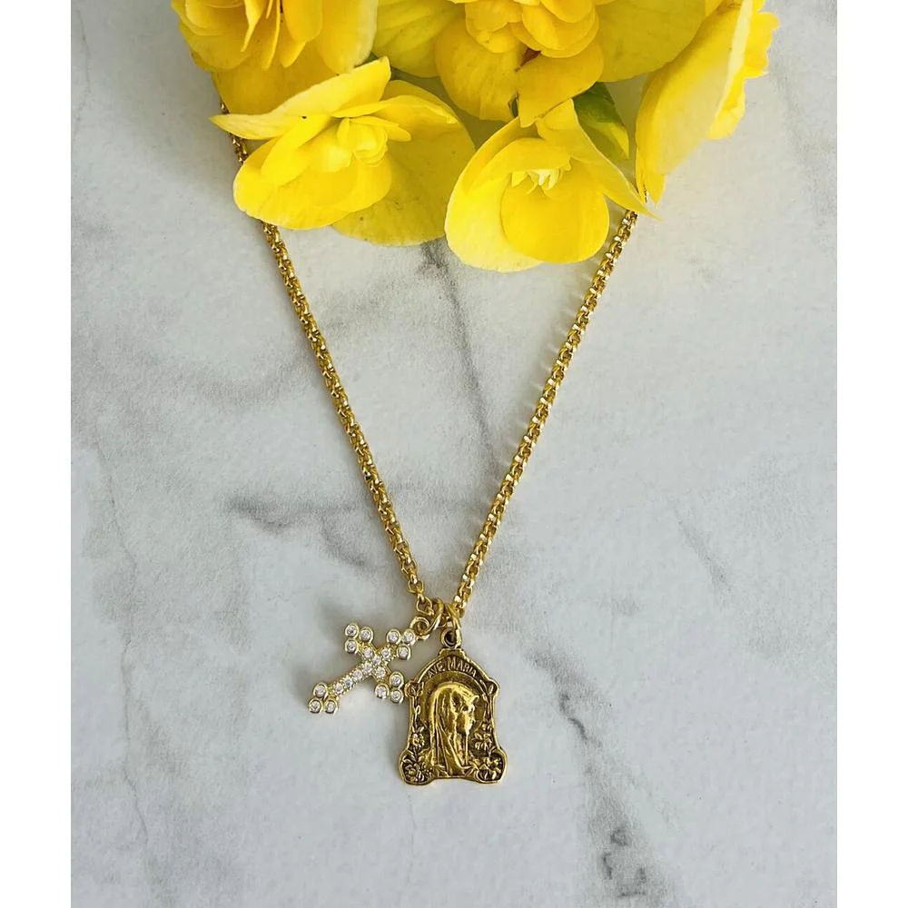 Gold Ava Maria Medallion & Crystal Cross Necklace