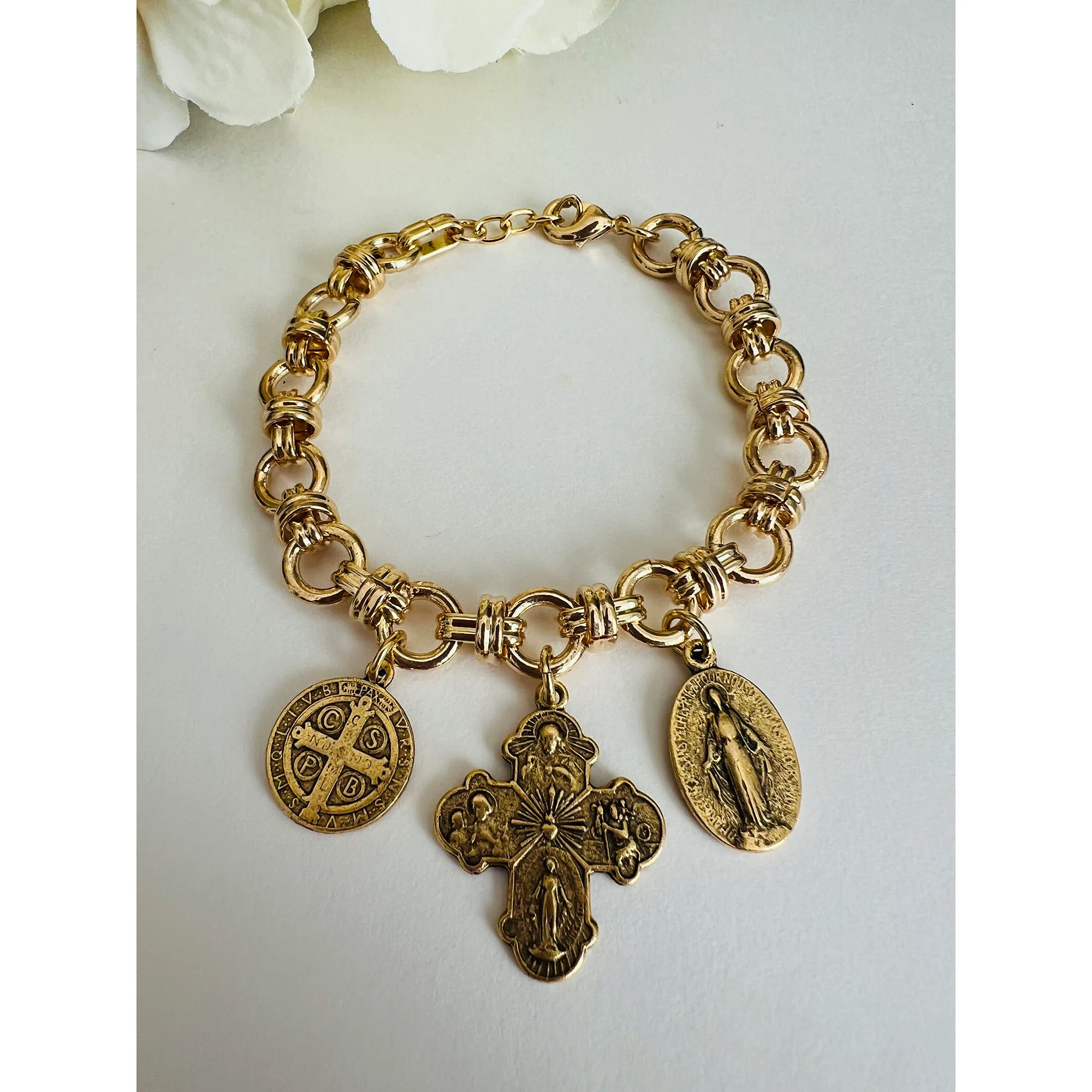 Gold Catholic Chunky Charm Bracelet