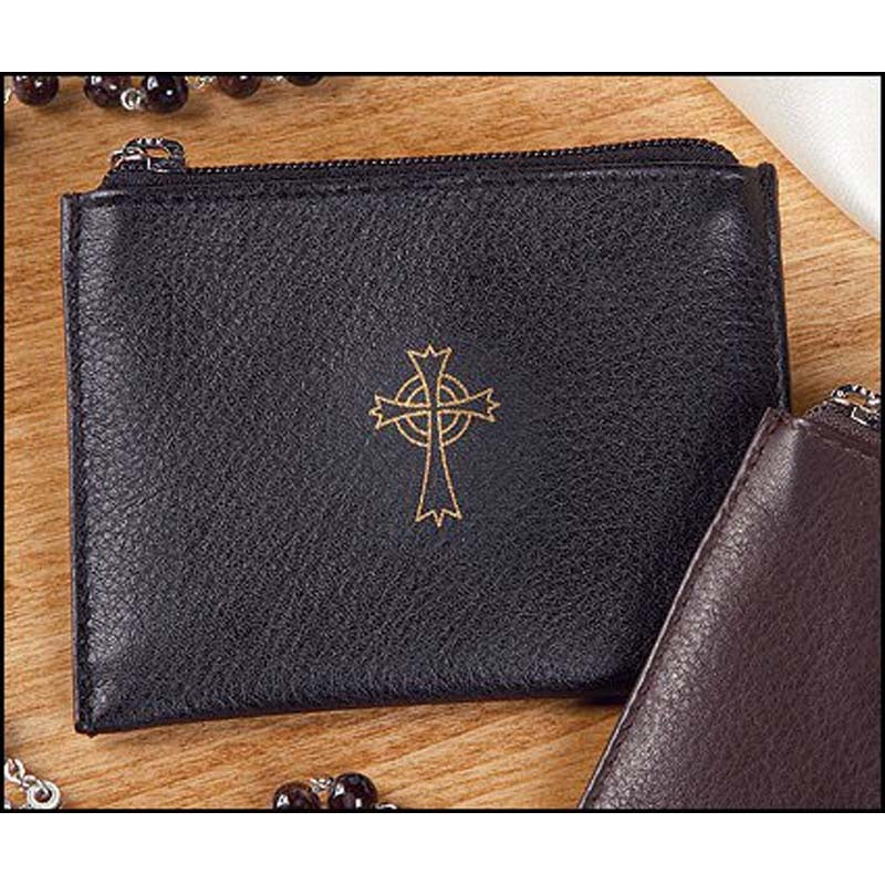 Gold Cross Leather Rosary Case - Black or Brown