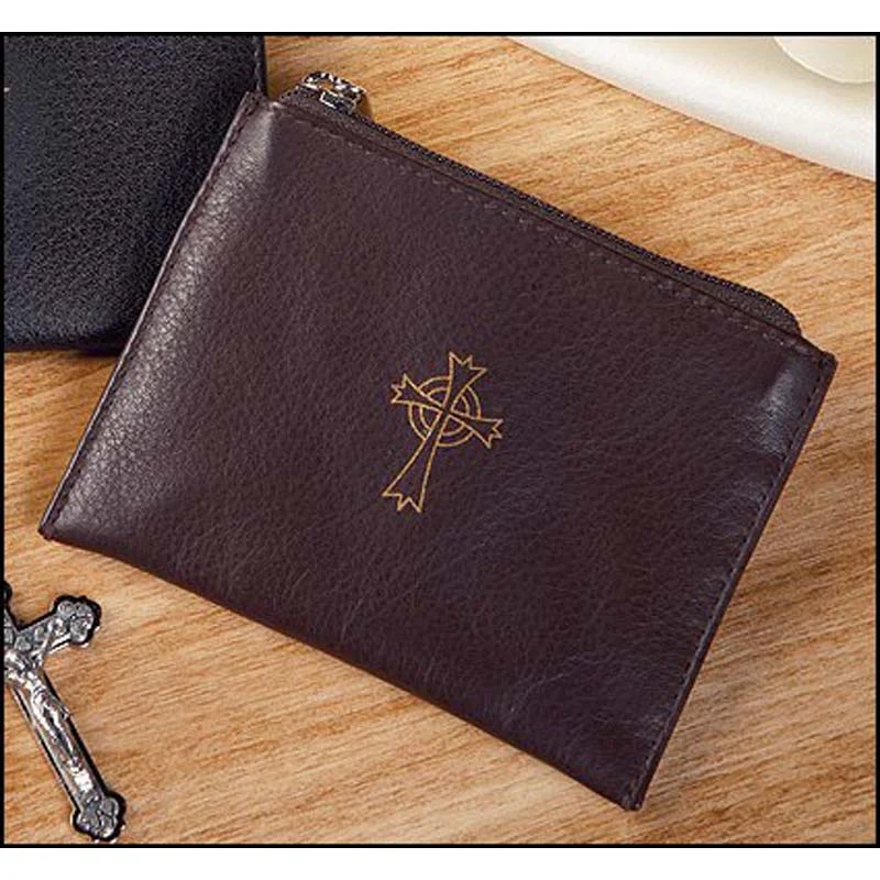 Gold Cross Leather Rosary Case - Black or Brown - Image 2
