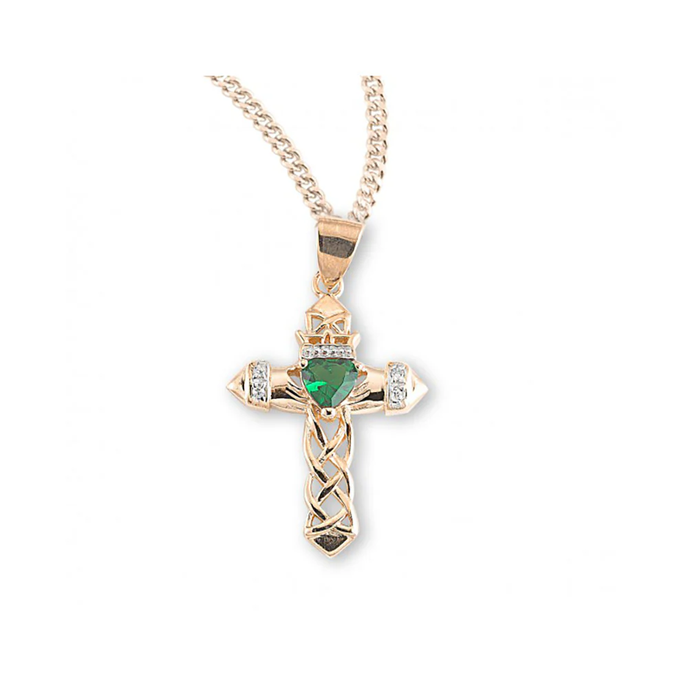 Gold & Crystal Claddagh Cross Necklace