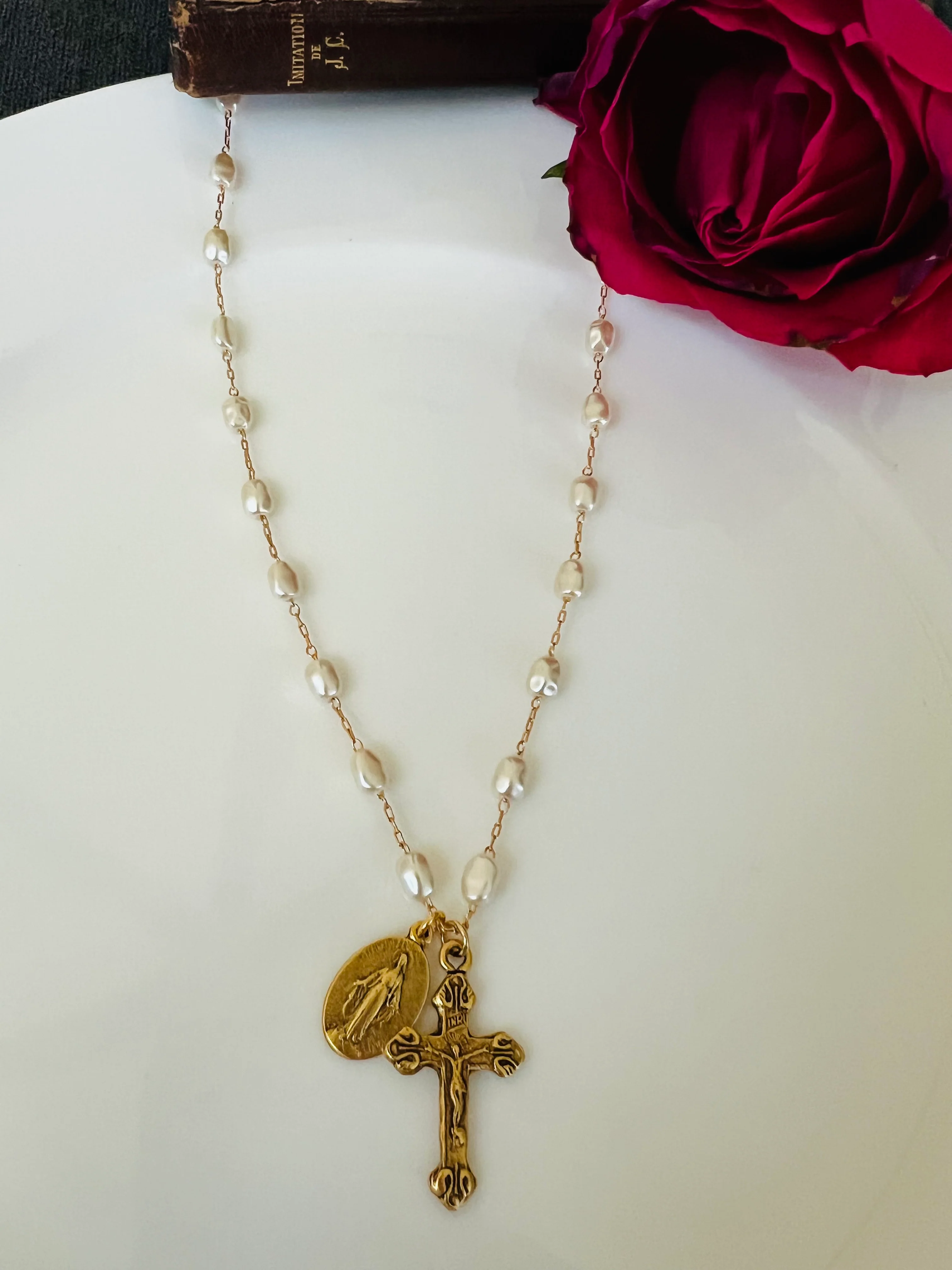 Gold & Freshwater Pearl Miraculous Mary & Crucifix Necklace