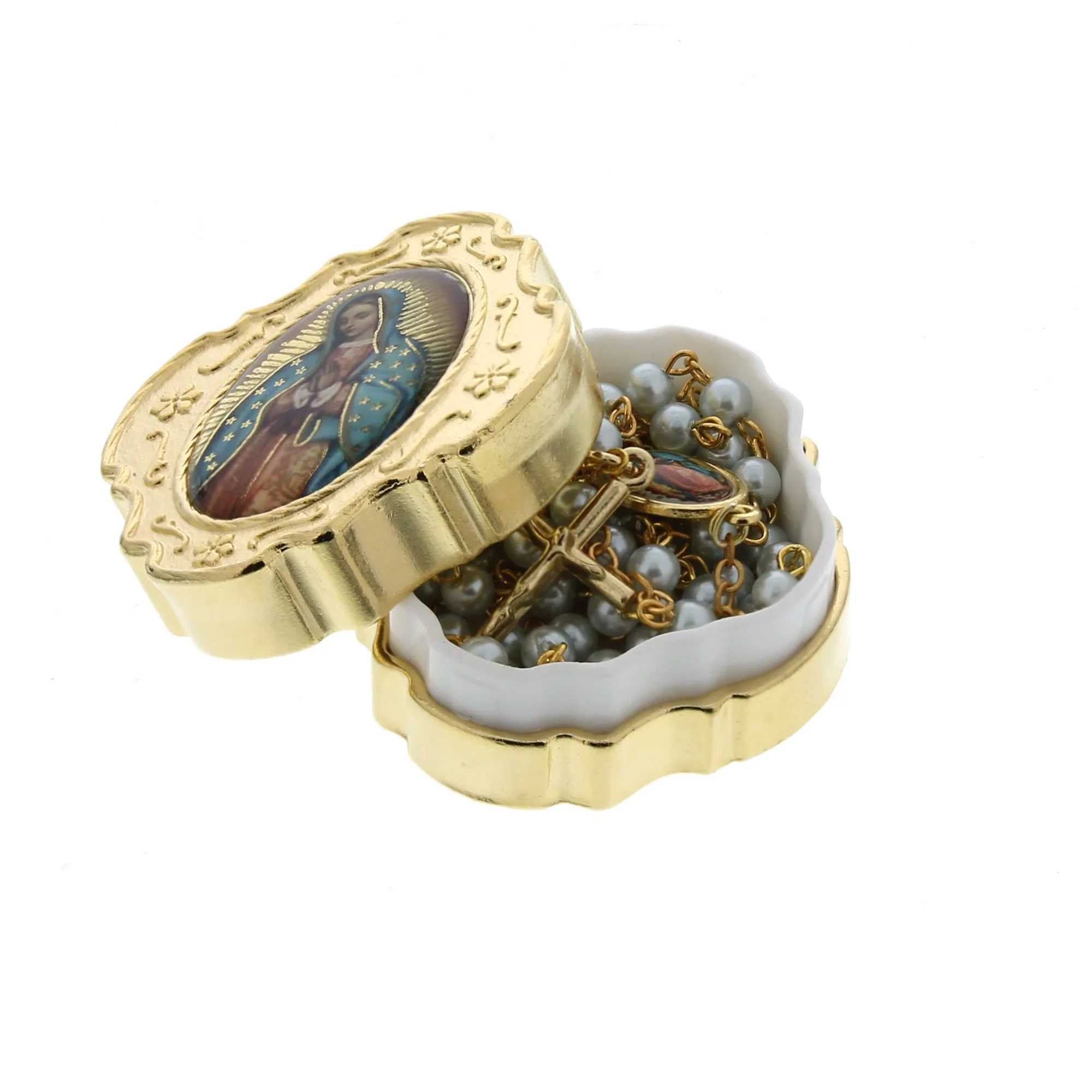 Gold Guadalupe Rosary Box and Blue Pearl Rosary - Image 2