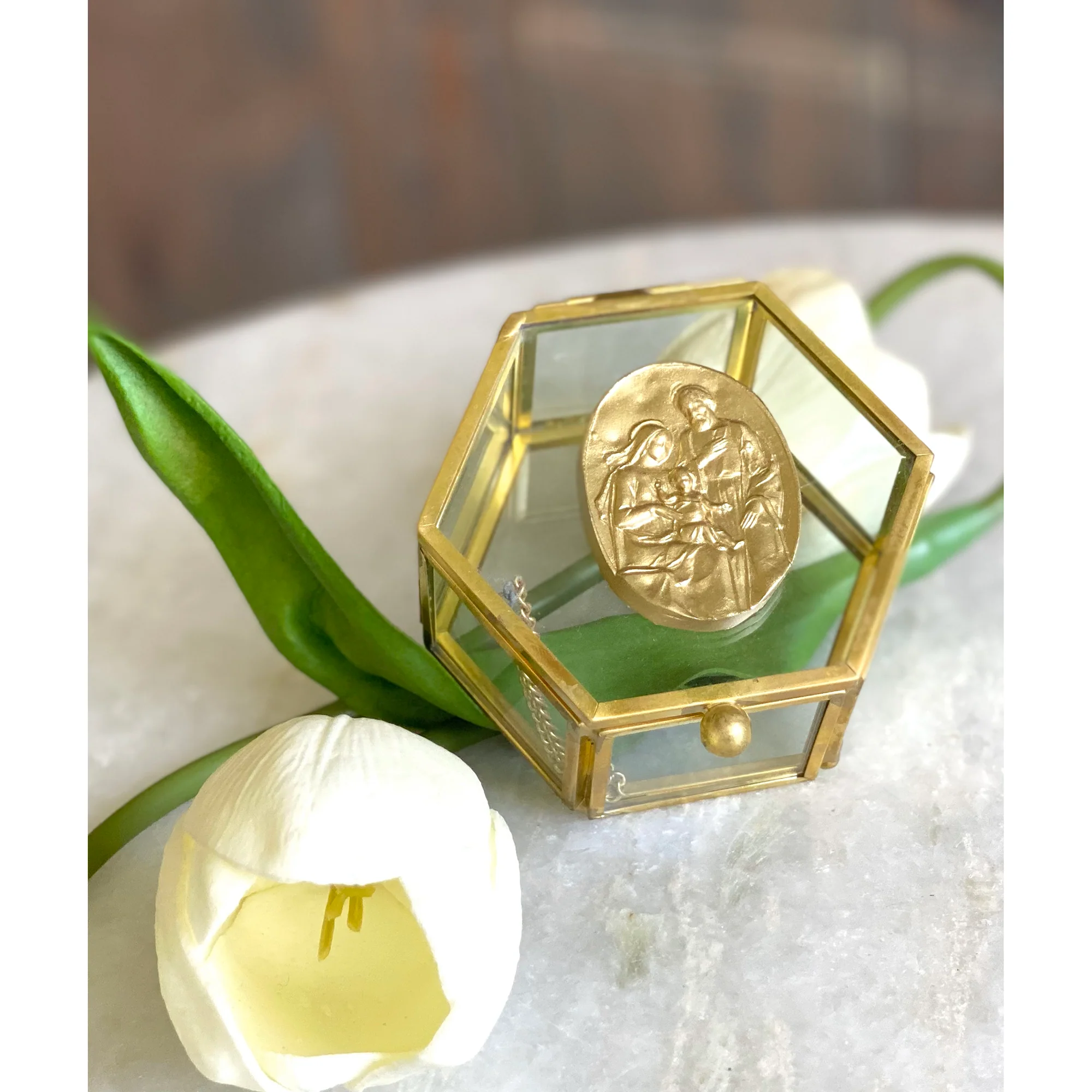 Gold Holy Family Glass Rosary Box