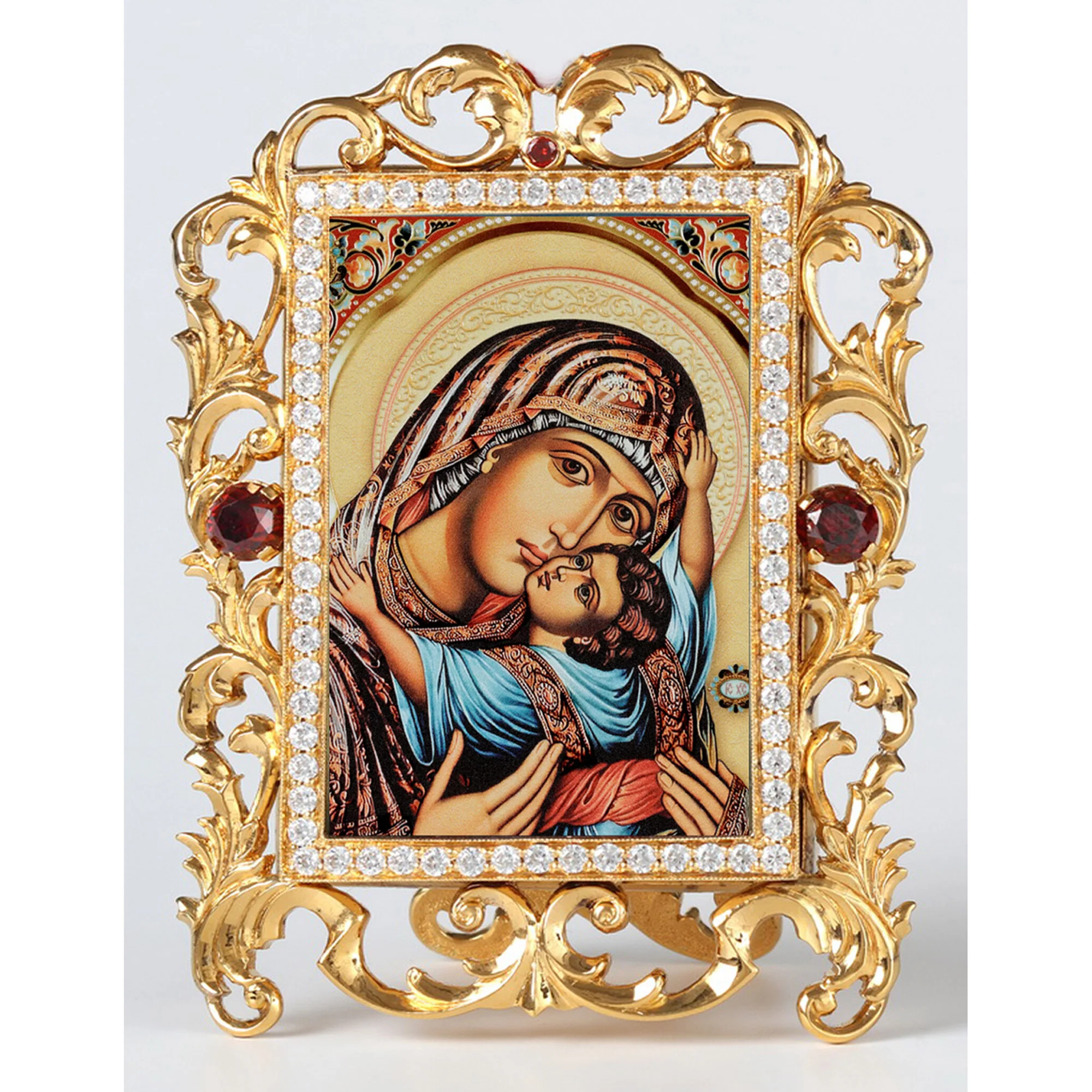 Gold Jeweled Frame Madonna & Child Sweet Kiss Icon - 4" x 3.25"