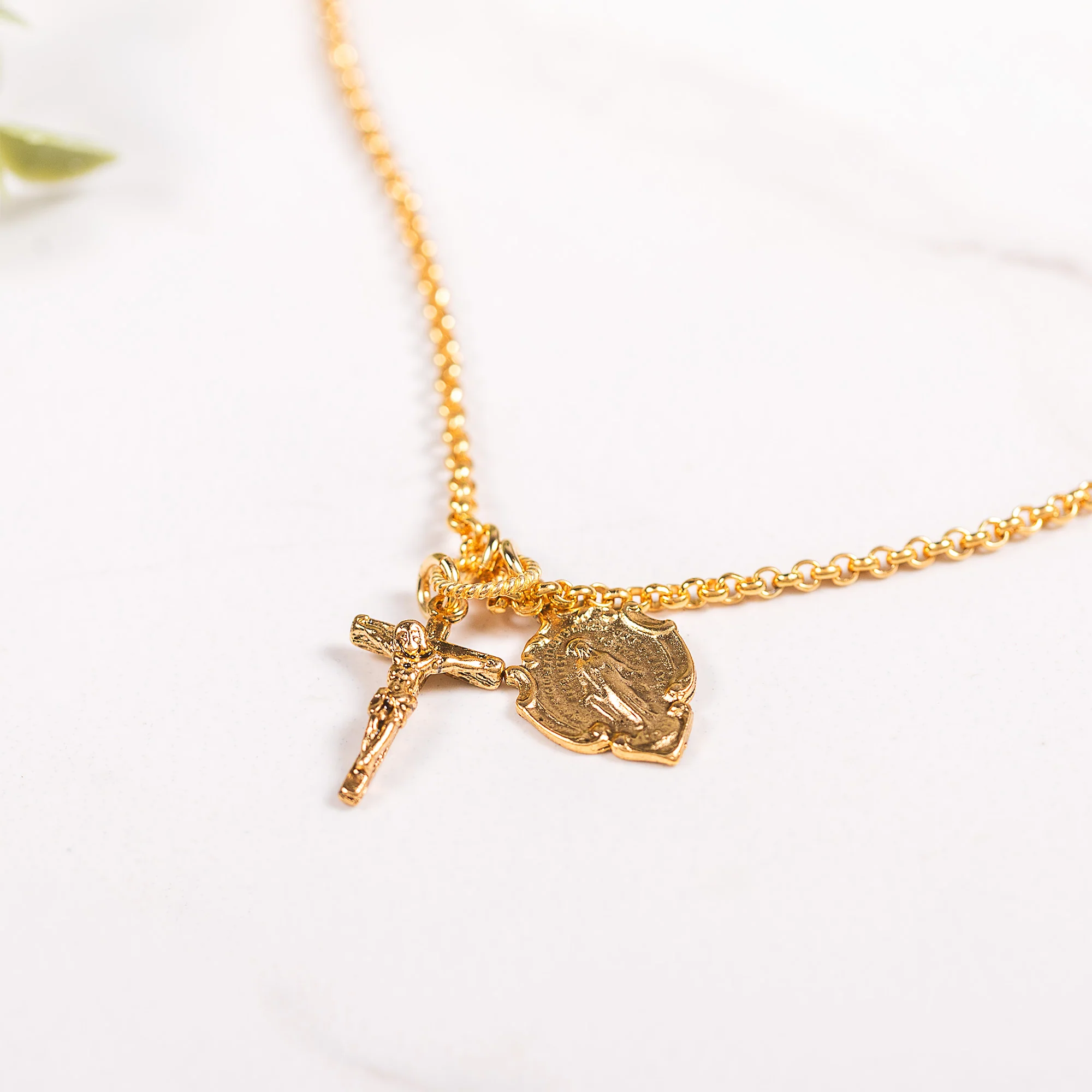 Gold Miraculous Medal & Crucifix Charm Necklace