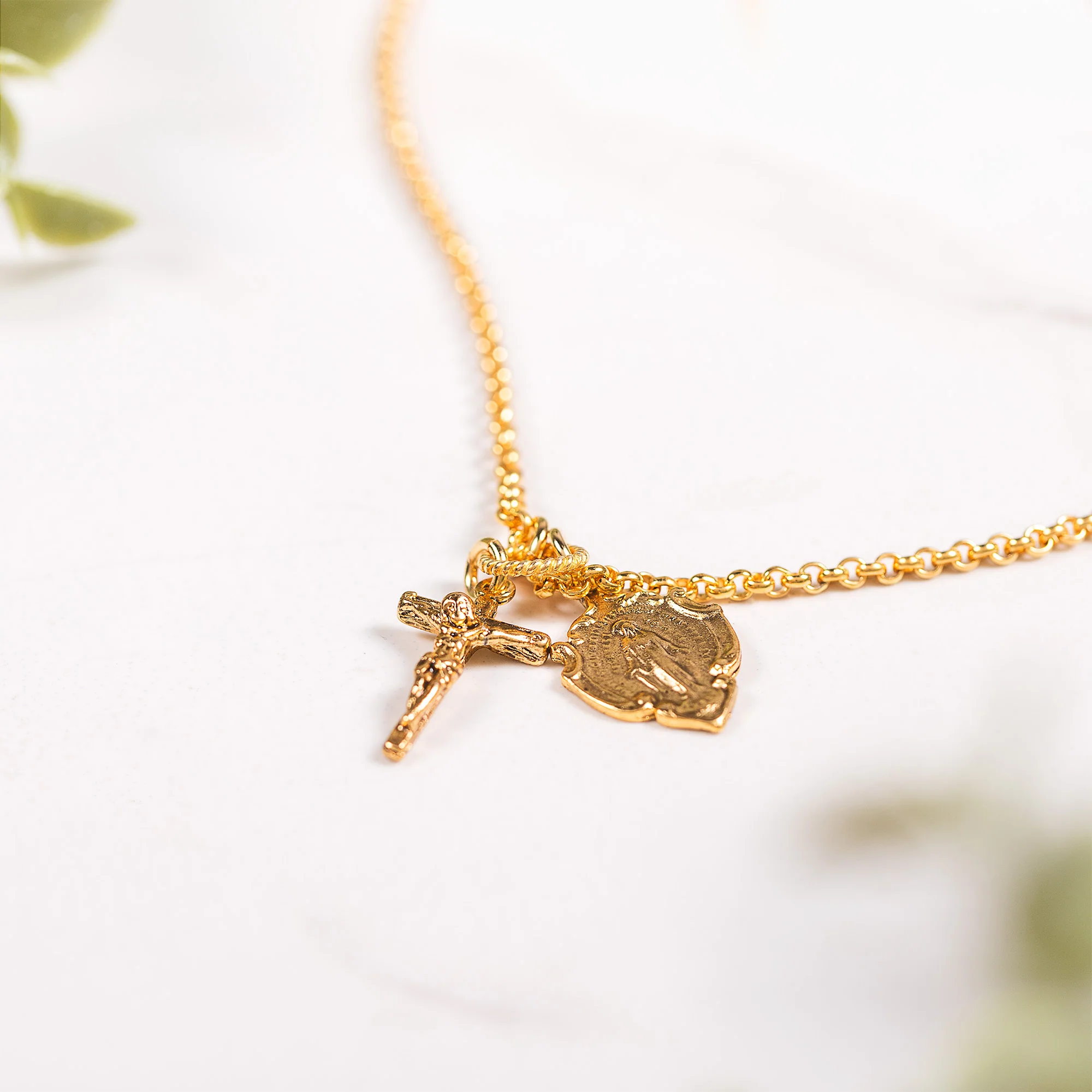 Gold Miraculous Medal & Crucifix Charm Necklace - Image 2
