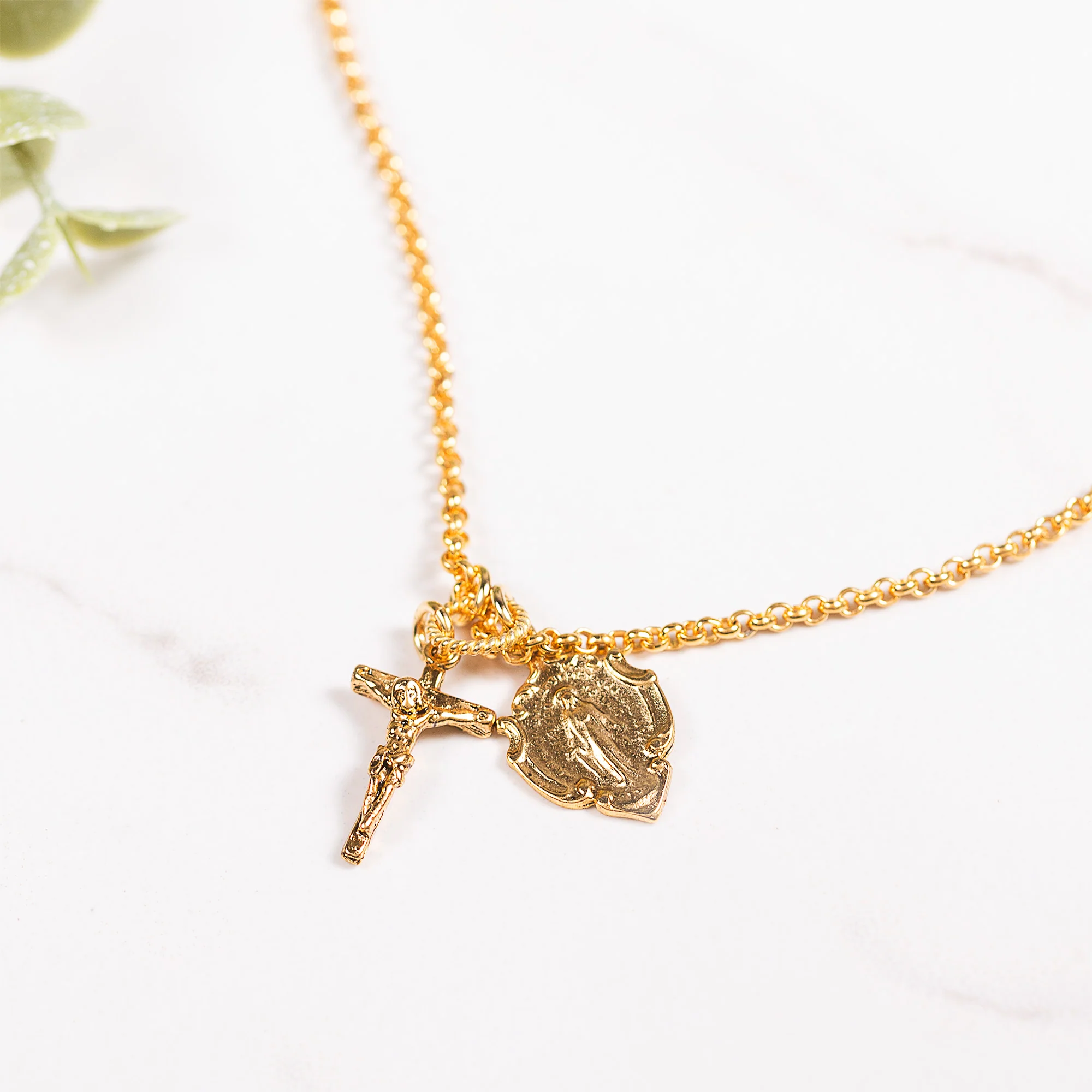Gold Miraculous Medal & Crucifix Charm Necklace - Image 3