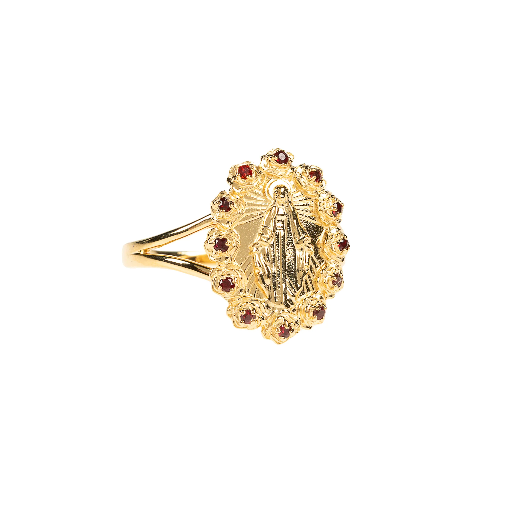 Gold Miraculous Medal & Rose Halo Ring - Multiple Sizes
