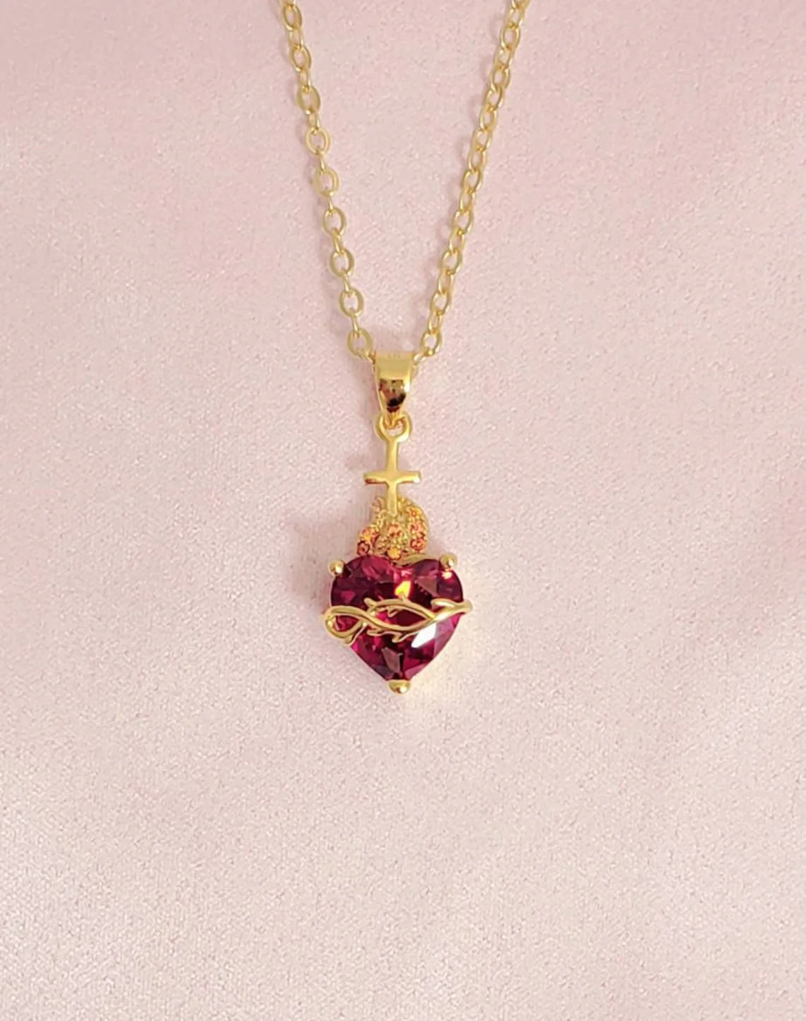 Gold Over Sterling Sacred Heart Jeweled Necklace