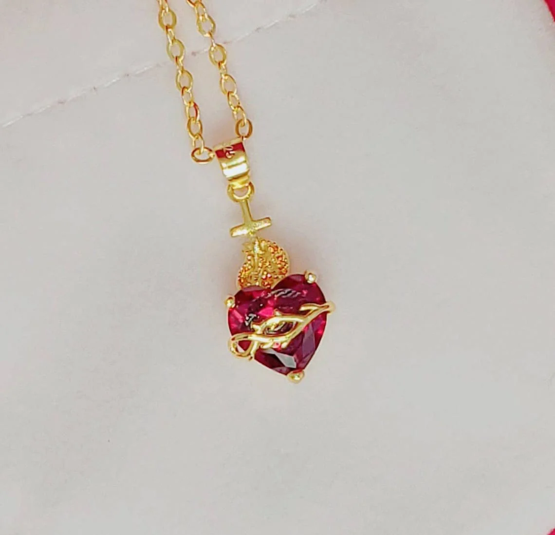 Gold Over Sterling Sacred Heart Jeweled Necklace - Image 2