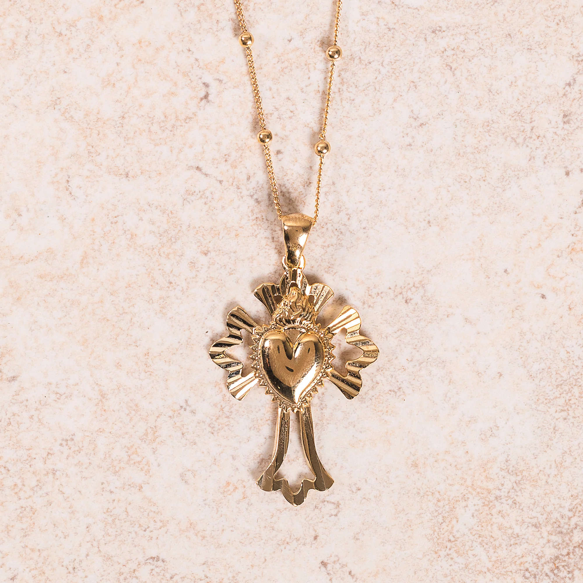 Gold Over Sterling Sacred Heart Sunburst Cross Necklace