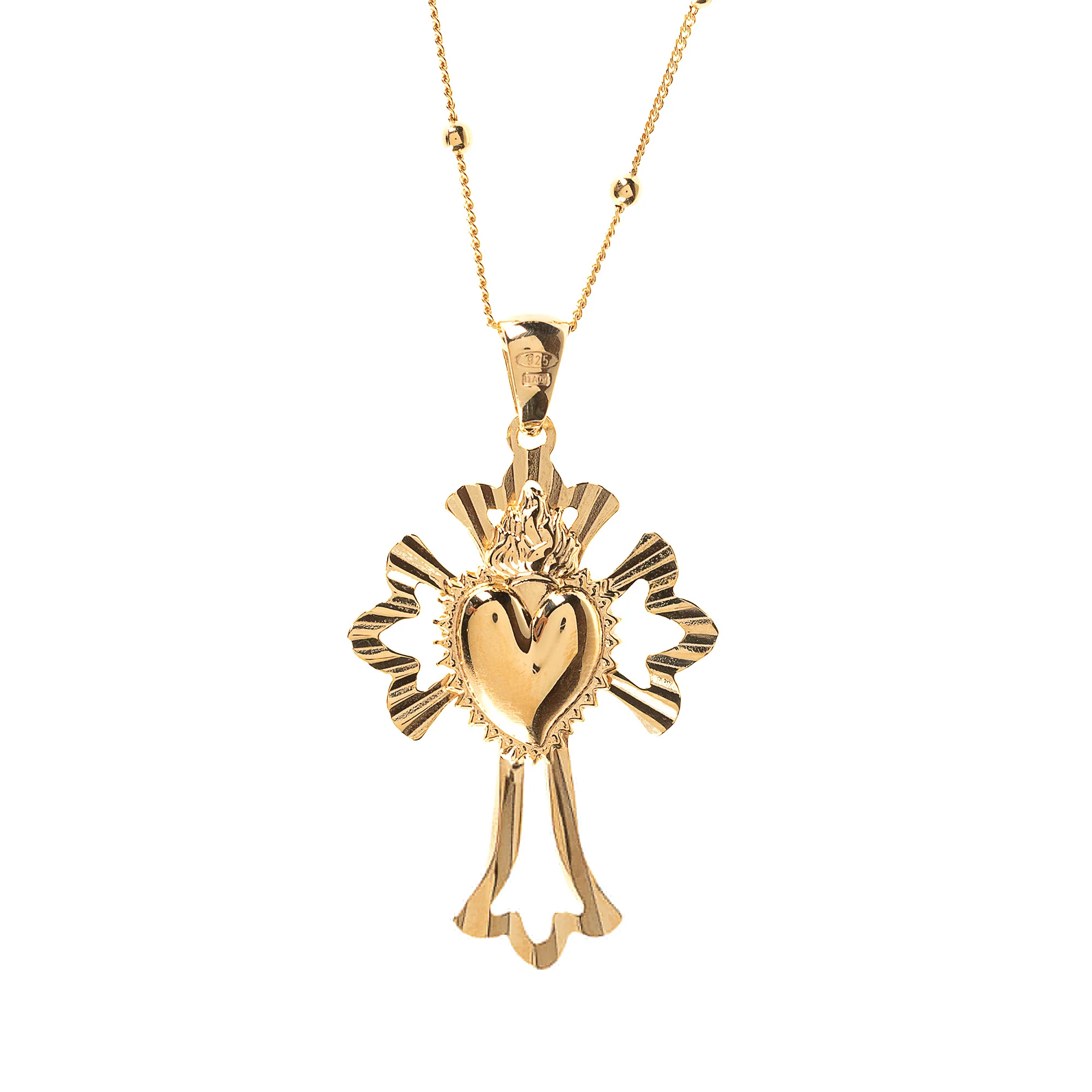 Gold Over Sterling Sacred Heart Sunburst Cross Necklace - Image 2