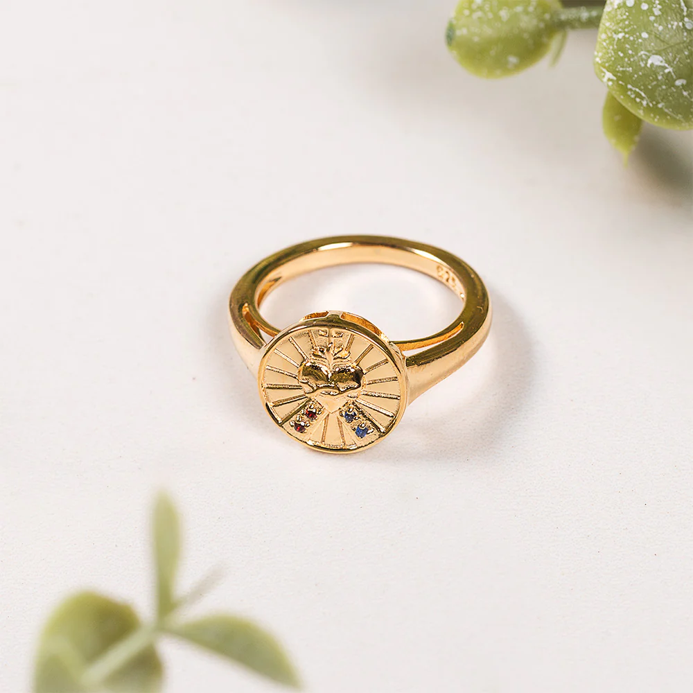 Gold Over Sterling Sapphire & Garnet Sacred Heart & Divine Mercy Ring - Image 4
