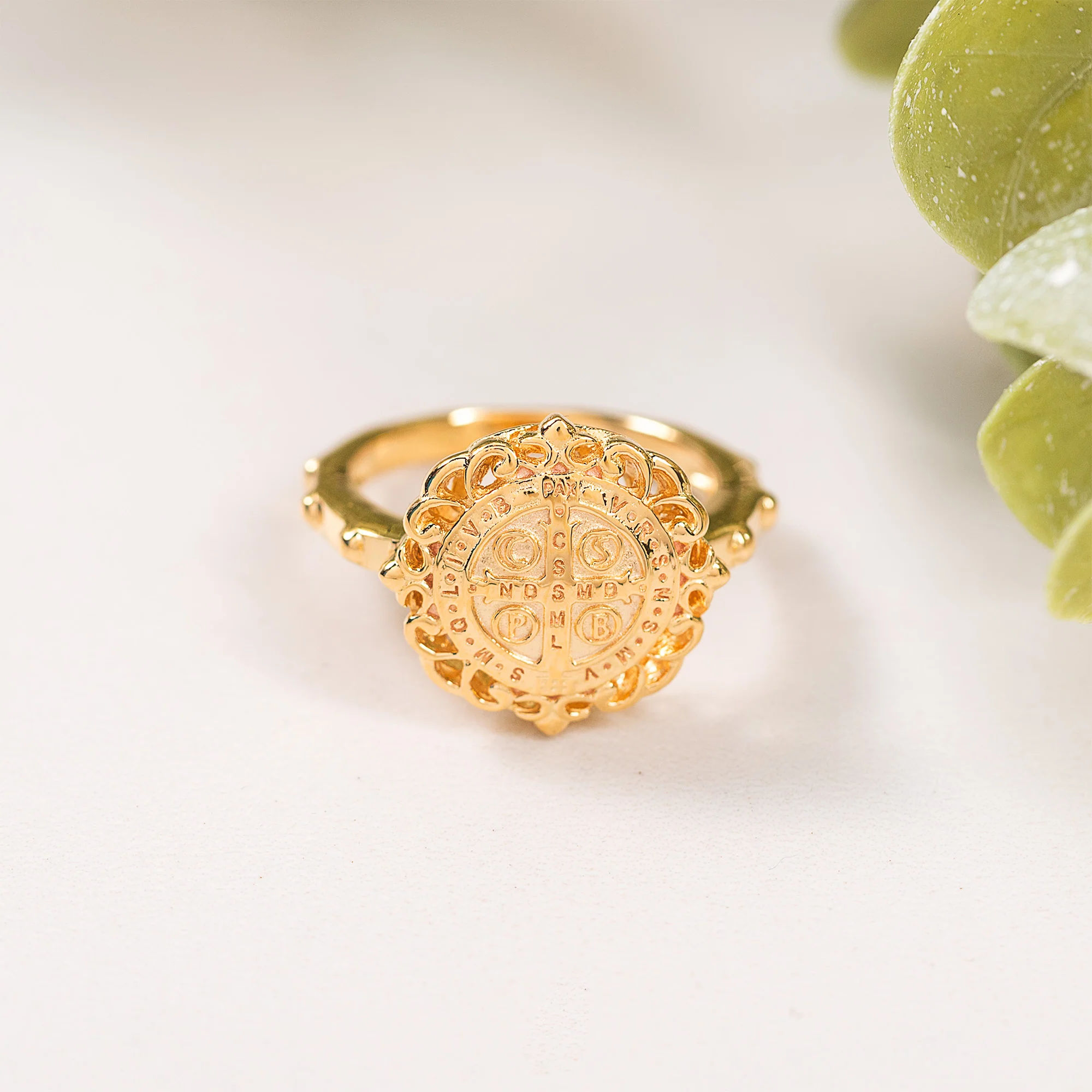 Gold Over Sterling Silver St. Benedict Filigree Rosary Ring