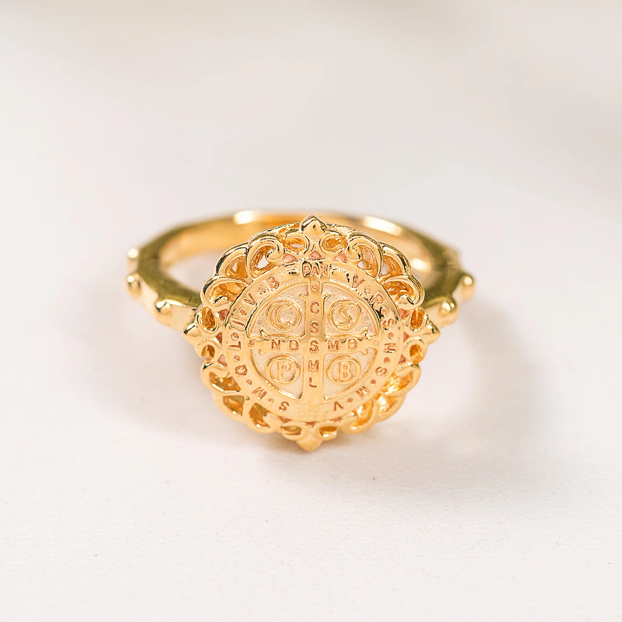 Gold Over Sterling Silver St. Benedict Filigree Rosary Ring - Image 2
