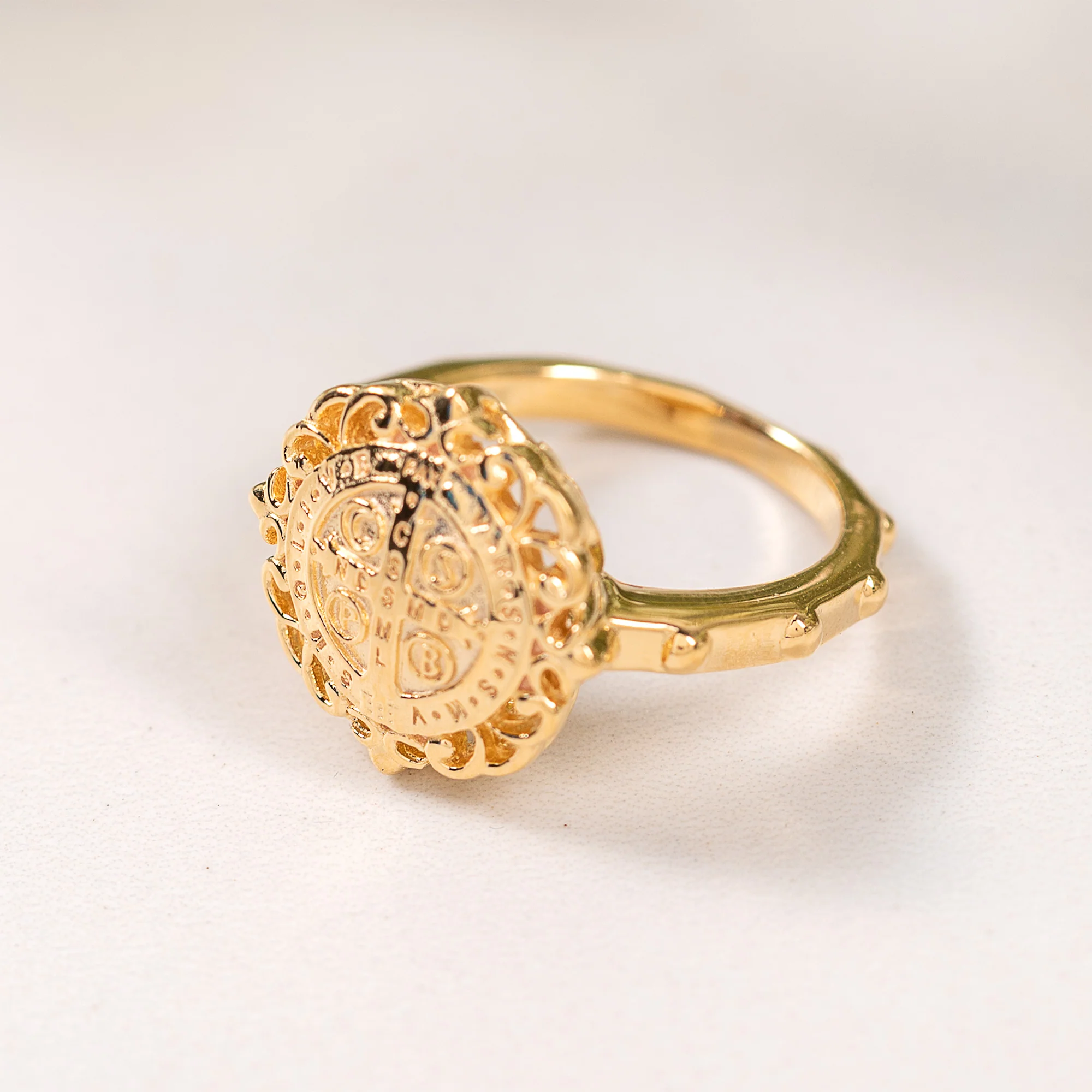 Gold Over Sterling Silver St. Benedict Filigree Rosary Ring - Image 3