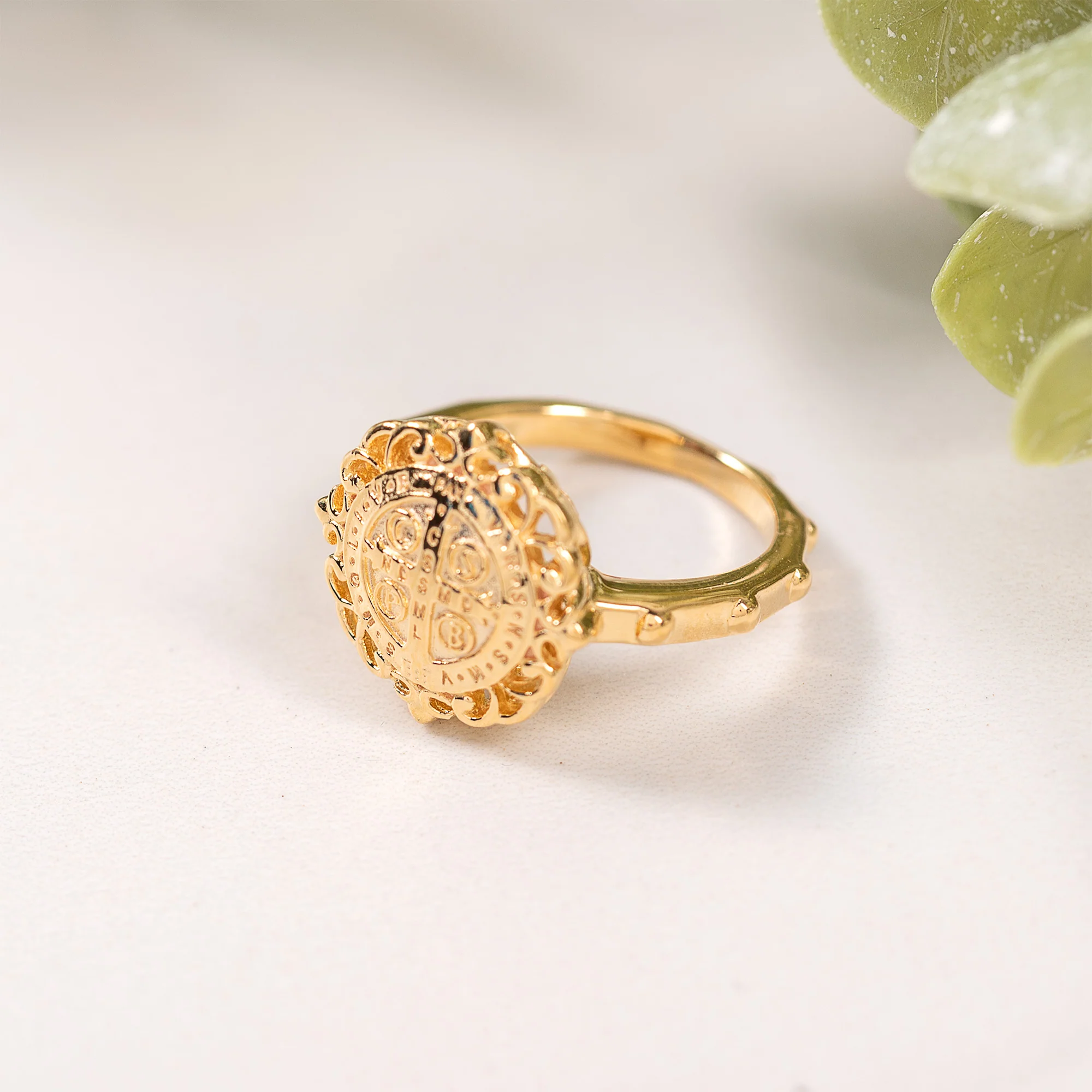 Gold Over Sterling Silver St. Benedict Filigree Rosary Ring - Image 4