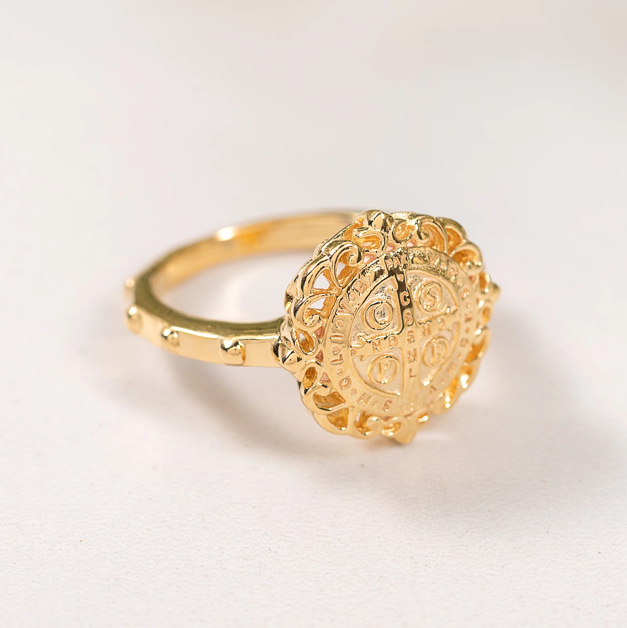 Gold Over Sterling Silver St. Benedict Filigree Rosary Ring - Image 5
