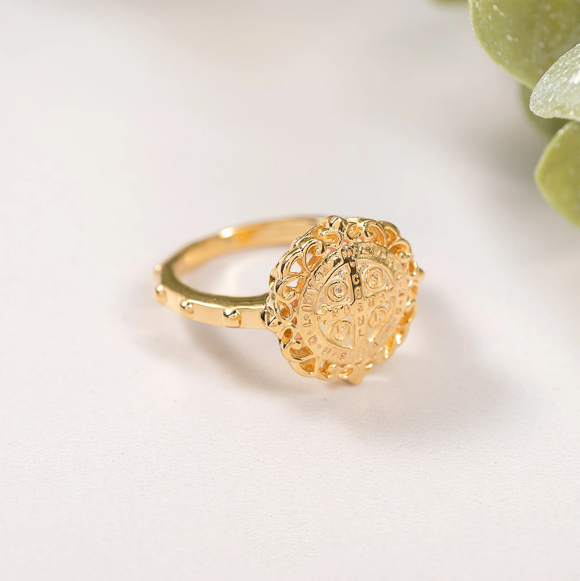 Gold Over Sterling Silver St. Benedict Filigree Rosary Ring - Image 6