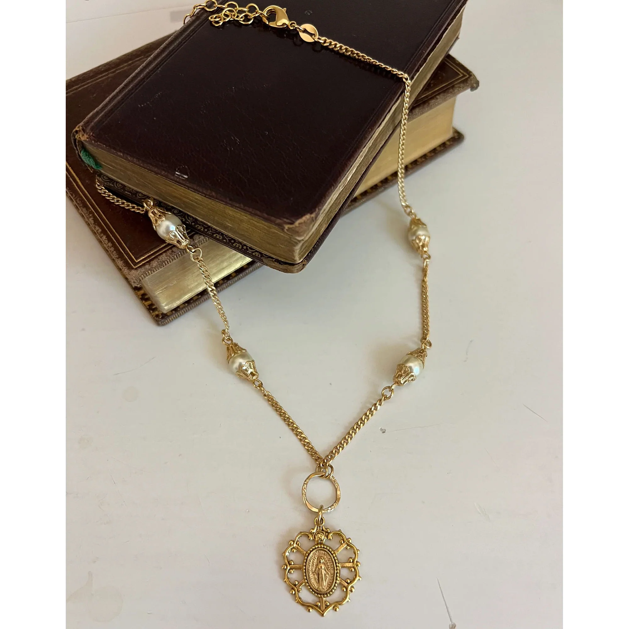 Gold & Pearl 7 Sorrows Miraculous Medal Necklace