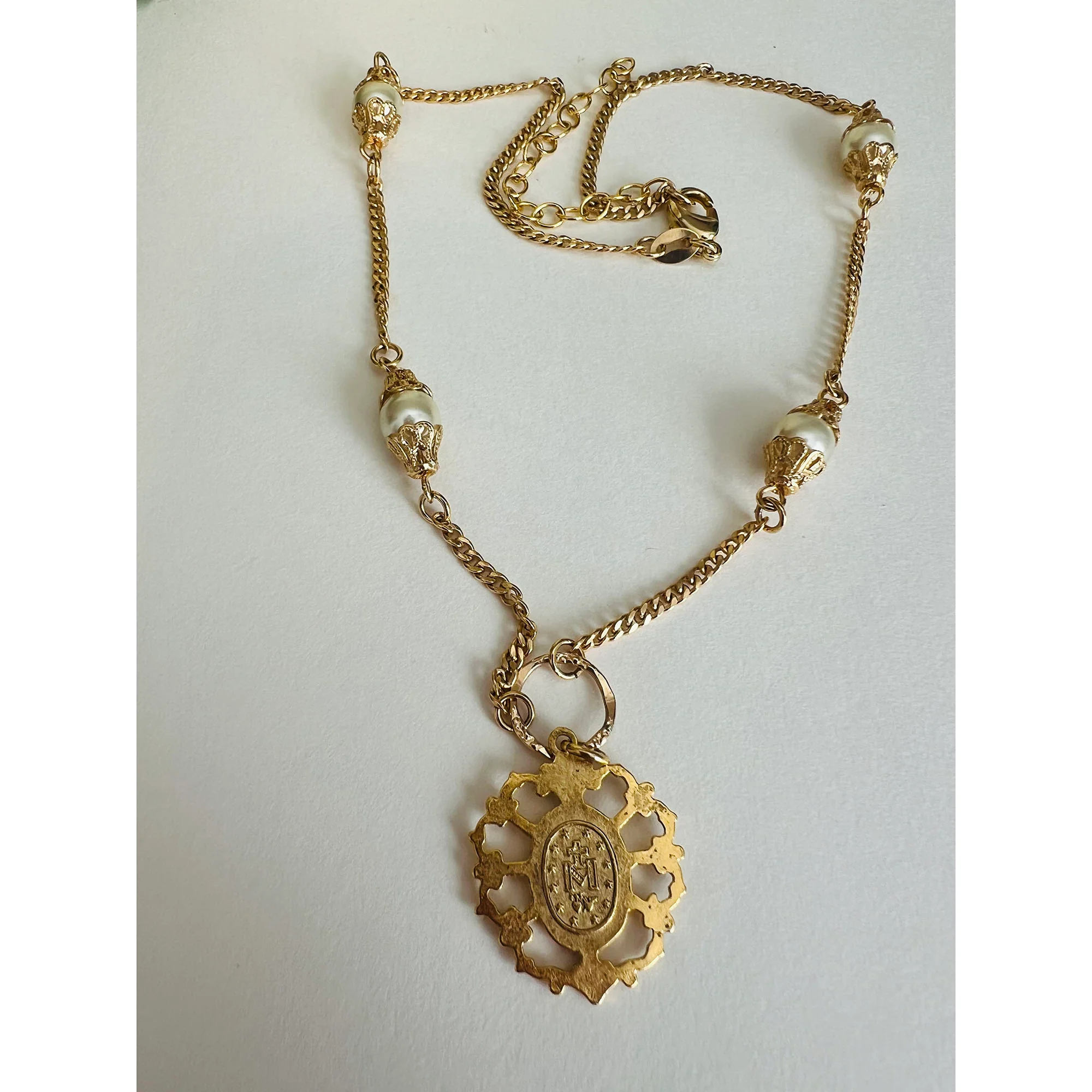 Gold & Pearl 7 Sorrows Miraculous Medal Necklace - Image 2