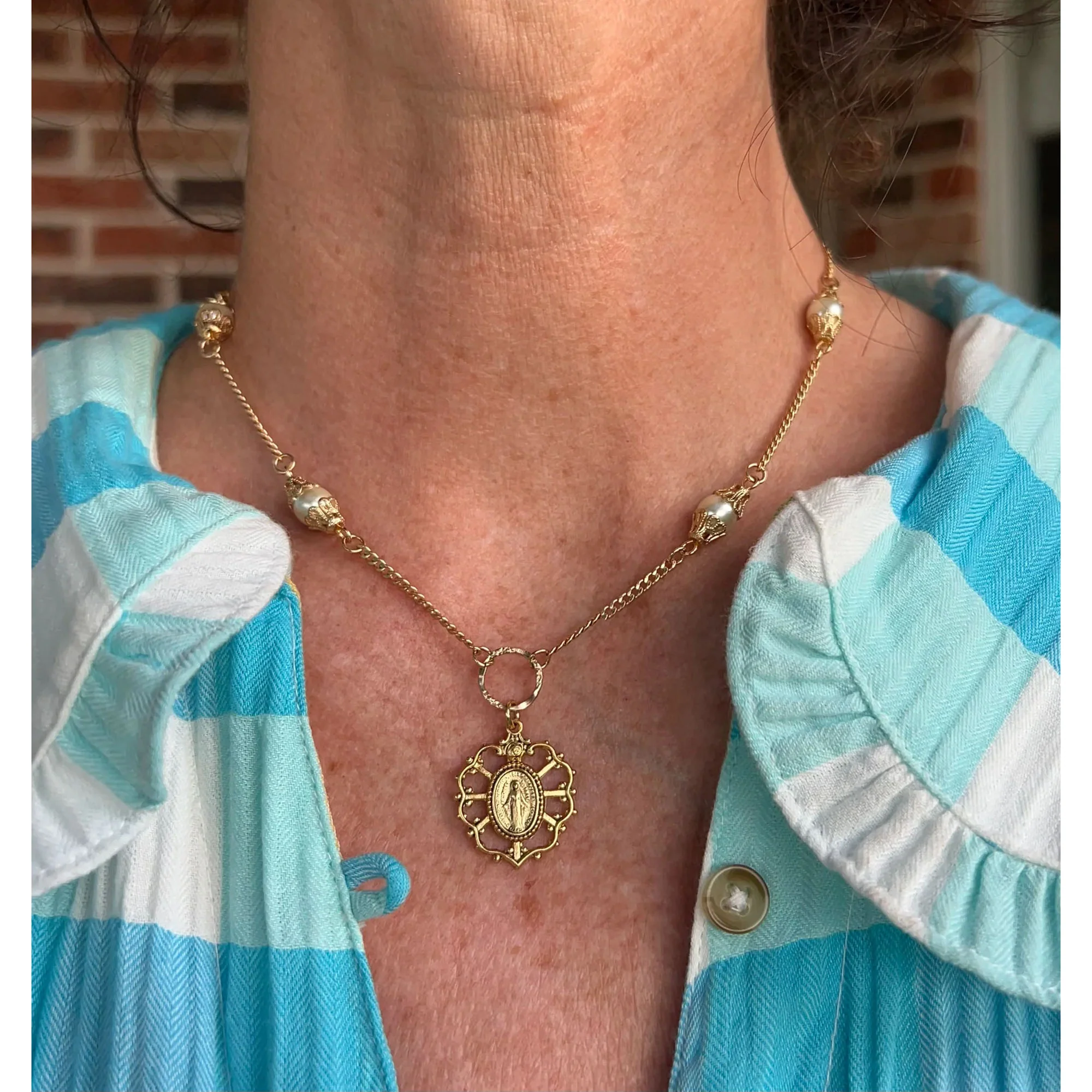 Gold & Pearl 7 Sorrows Miraculous Medal Necklace - Image 3
