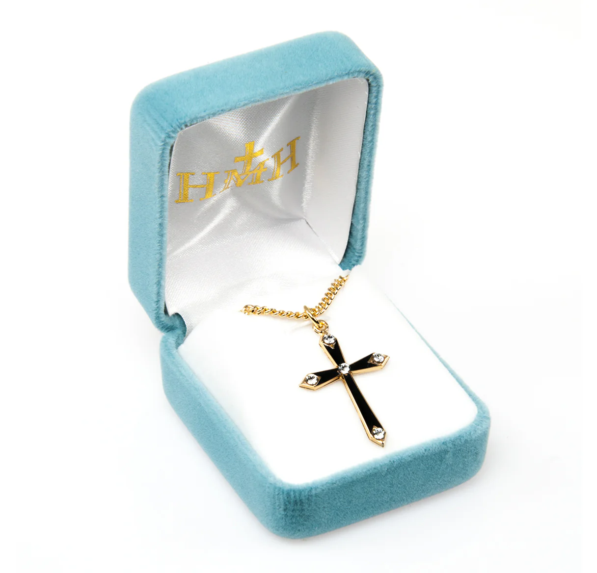 Gold Plated Black Enameled CZ Cross Necklace - Image 2