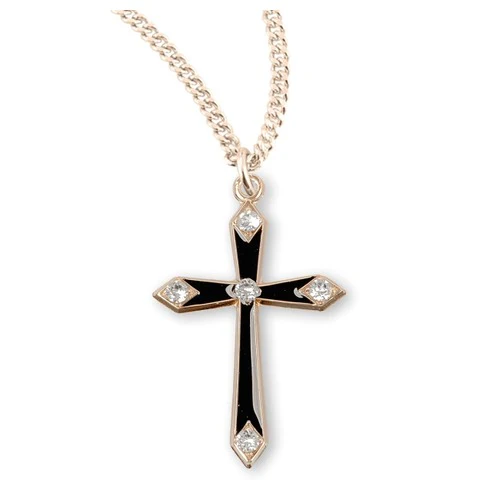 Gold Plated Black Enameled CZ Cross Necklace - Image 3