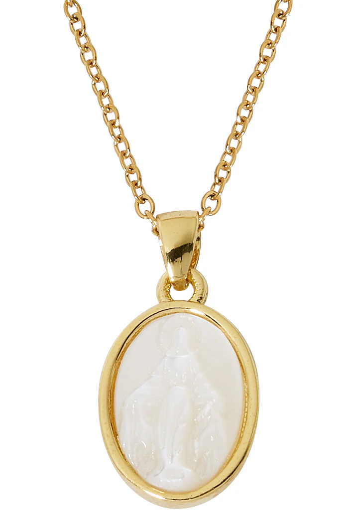 Gold Plated Mother of Pearl Our Lady of Grace Necklace - Image 2