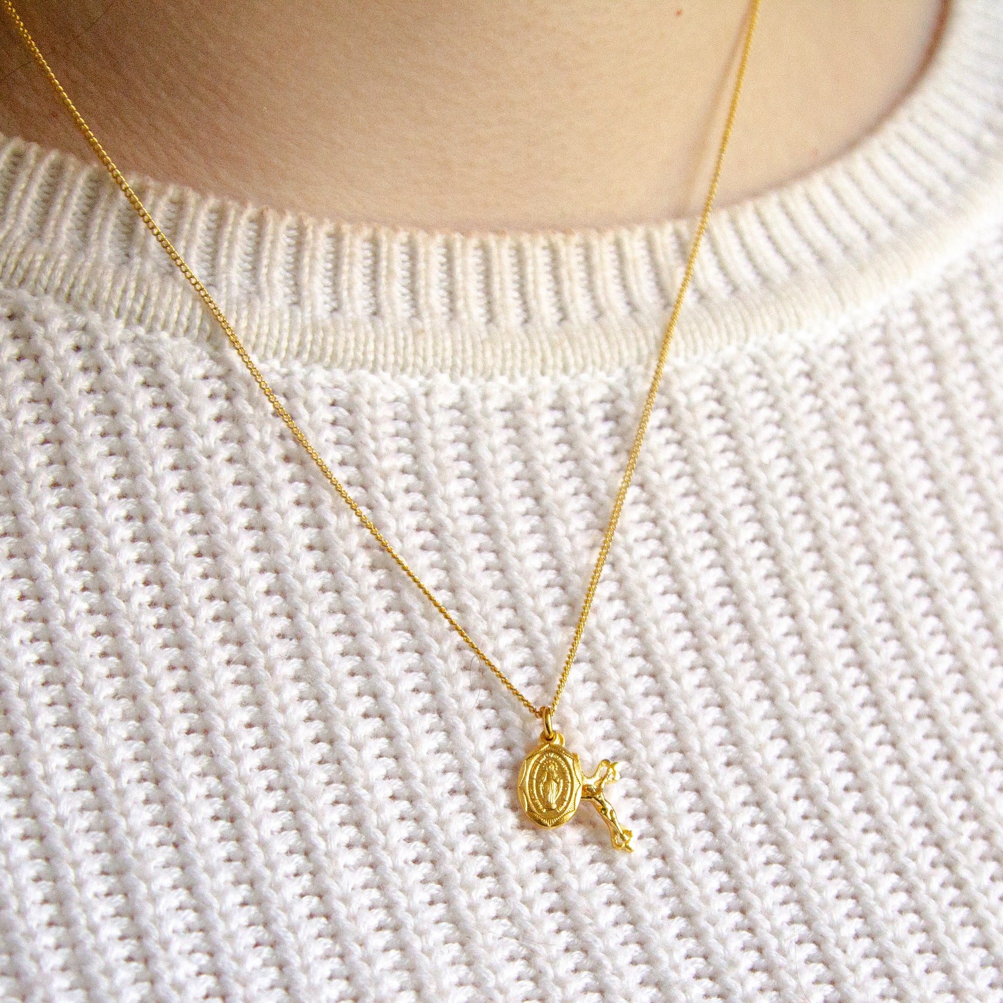 Gold Plated Petite Miraculous Medal & Crucifix Necklace - Image 2