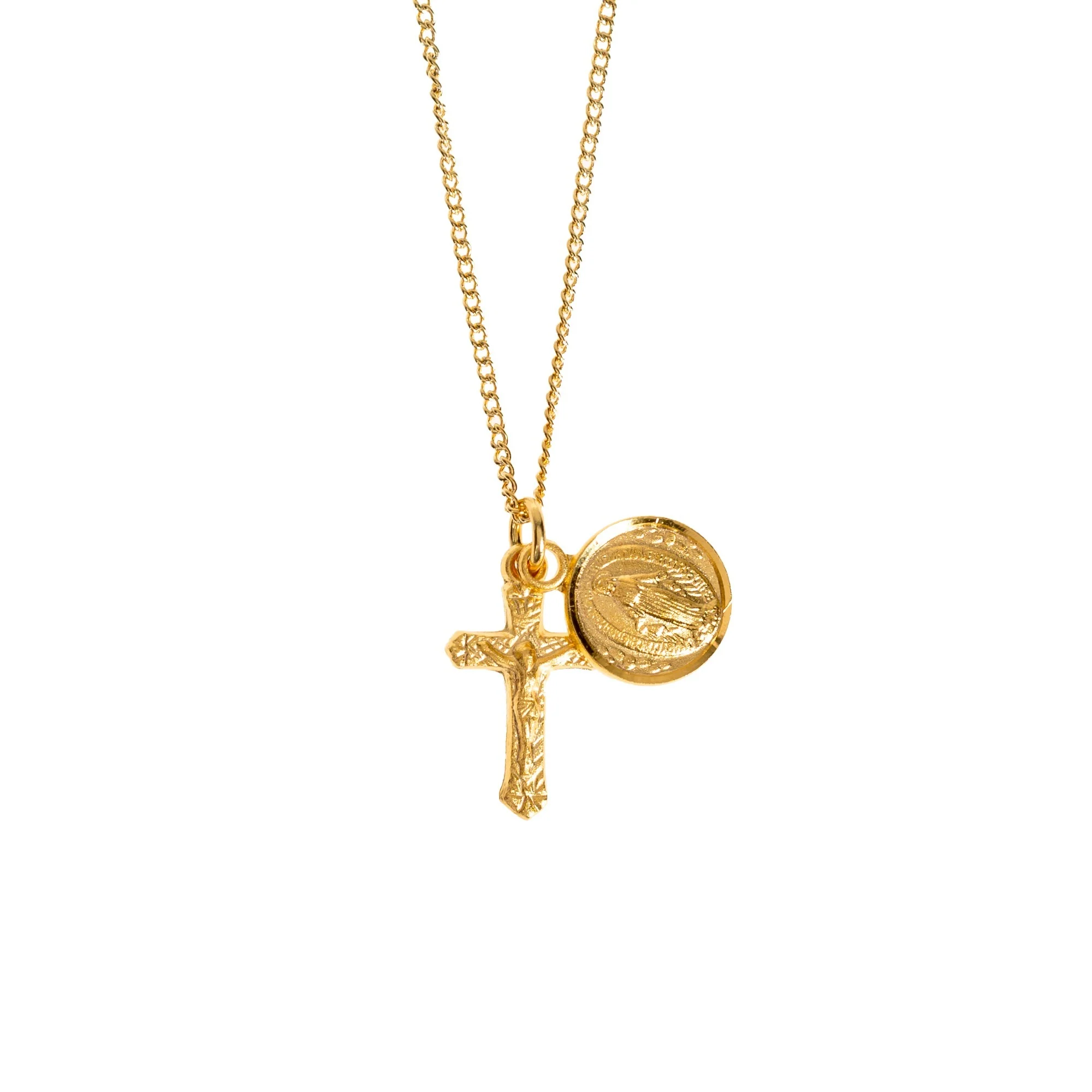 Gold Over Sterling Round Miraculous Medal & Petite Crucifix Necklace - Image 2