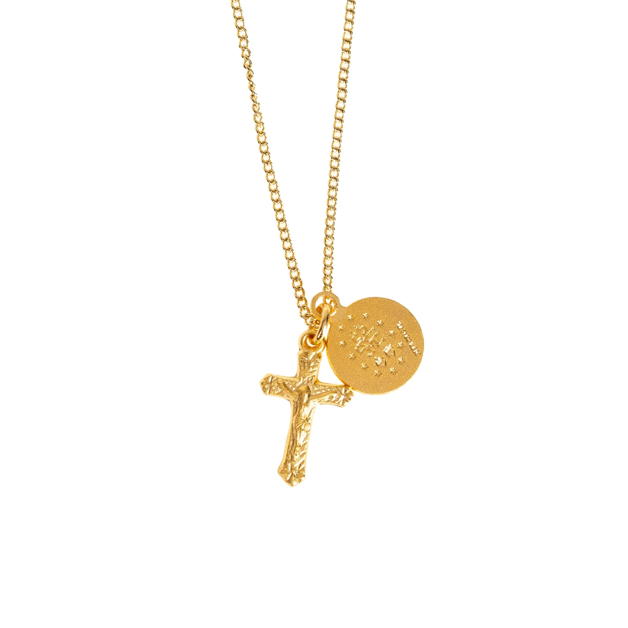 Gold Over Sterling Round Miraculous Medal & Petite Crucifix Necklace - Image 3
