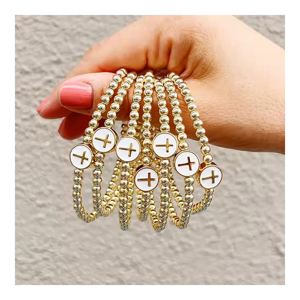 Gold Plated White Enamel Cross & Bead Bracelet