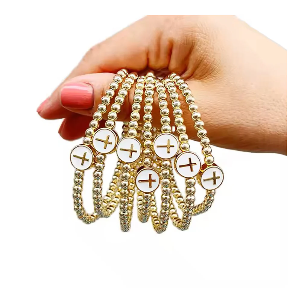 Gold Plated White Enamel Cross & Bead Bracelet - Image 2
