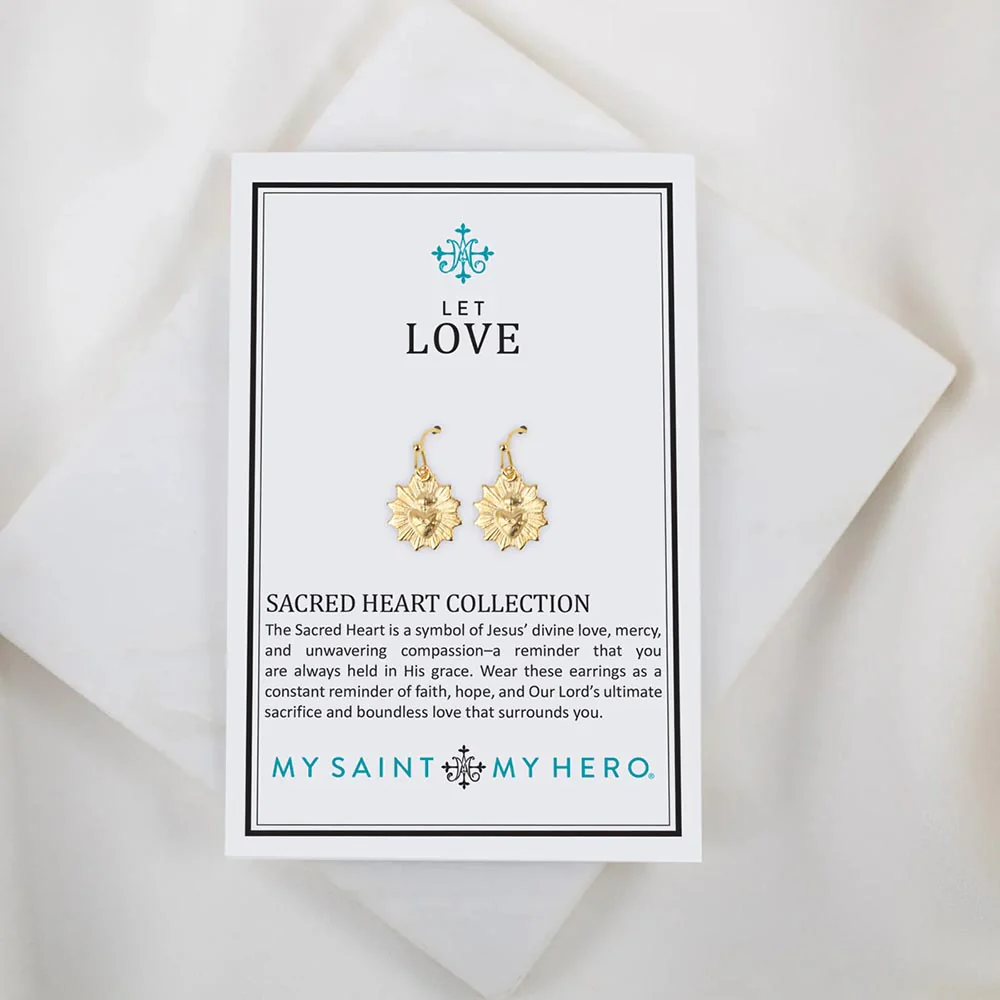 Gold Sacred Heart Sunburst Earrings - Image 3