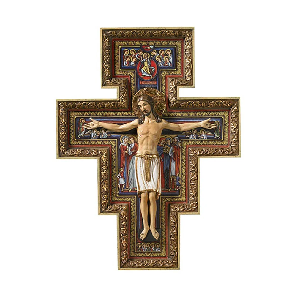 Gold San Damiano Crucifix with Red & Blue Accents - 10"