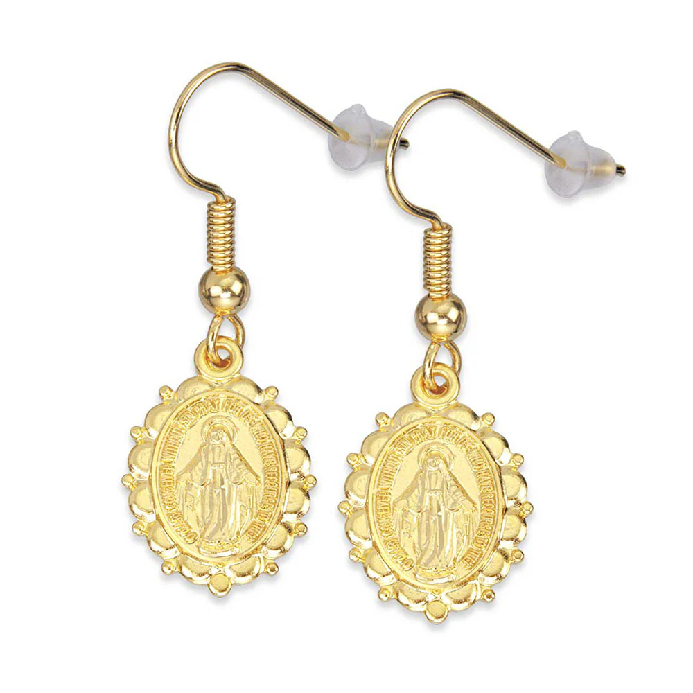 Gold Scalloped Miraculous Medal Dangle Earrings