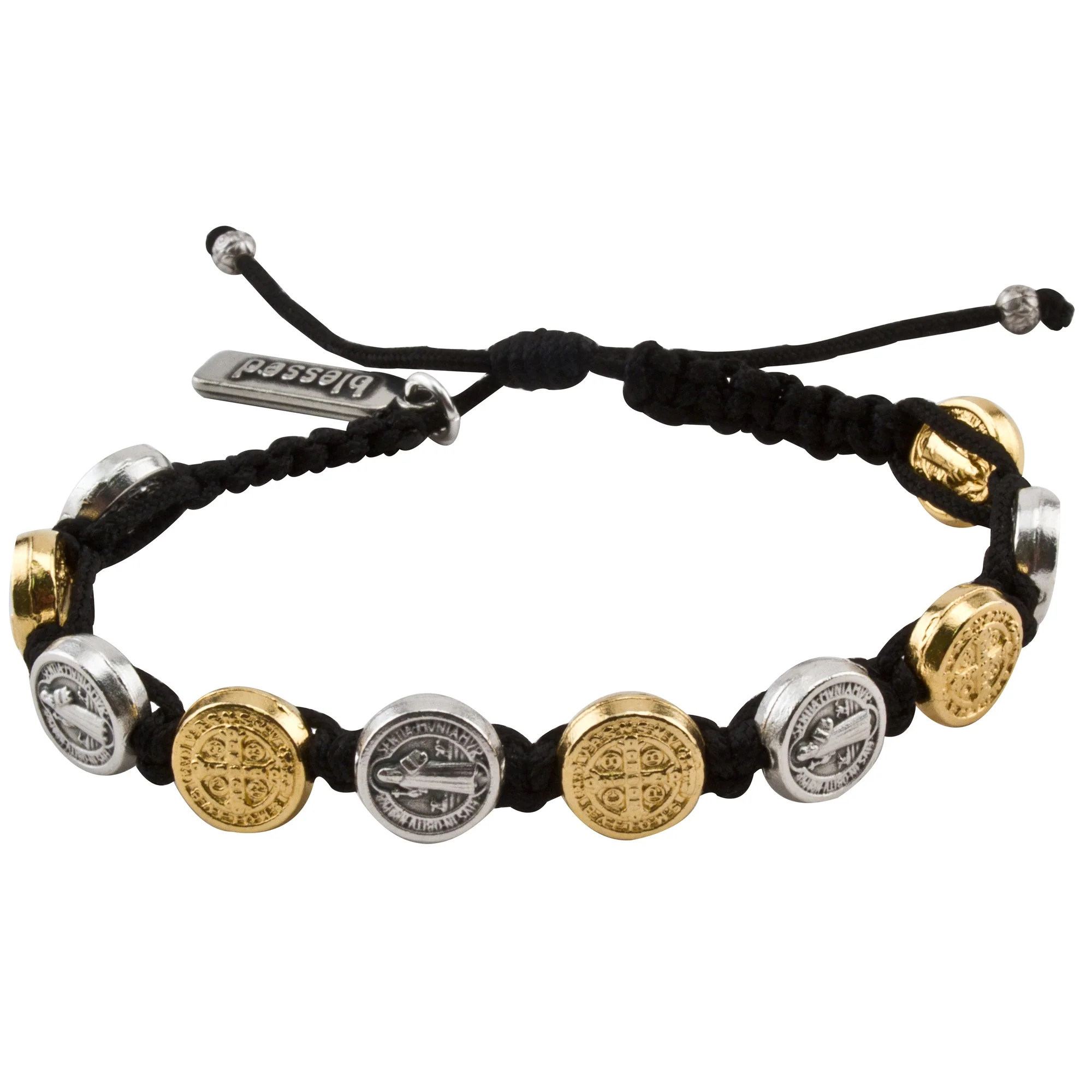 Gold & Silver Benedictine Blessing Bracelet, Black Macrame