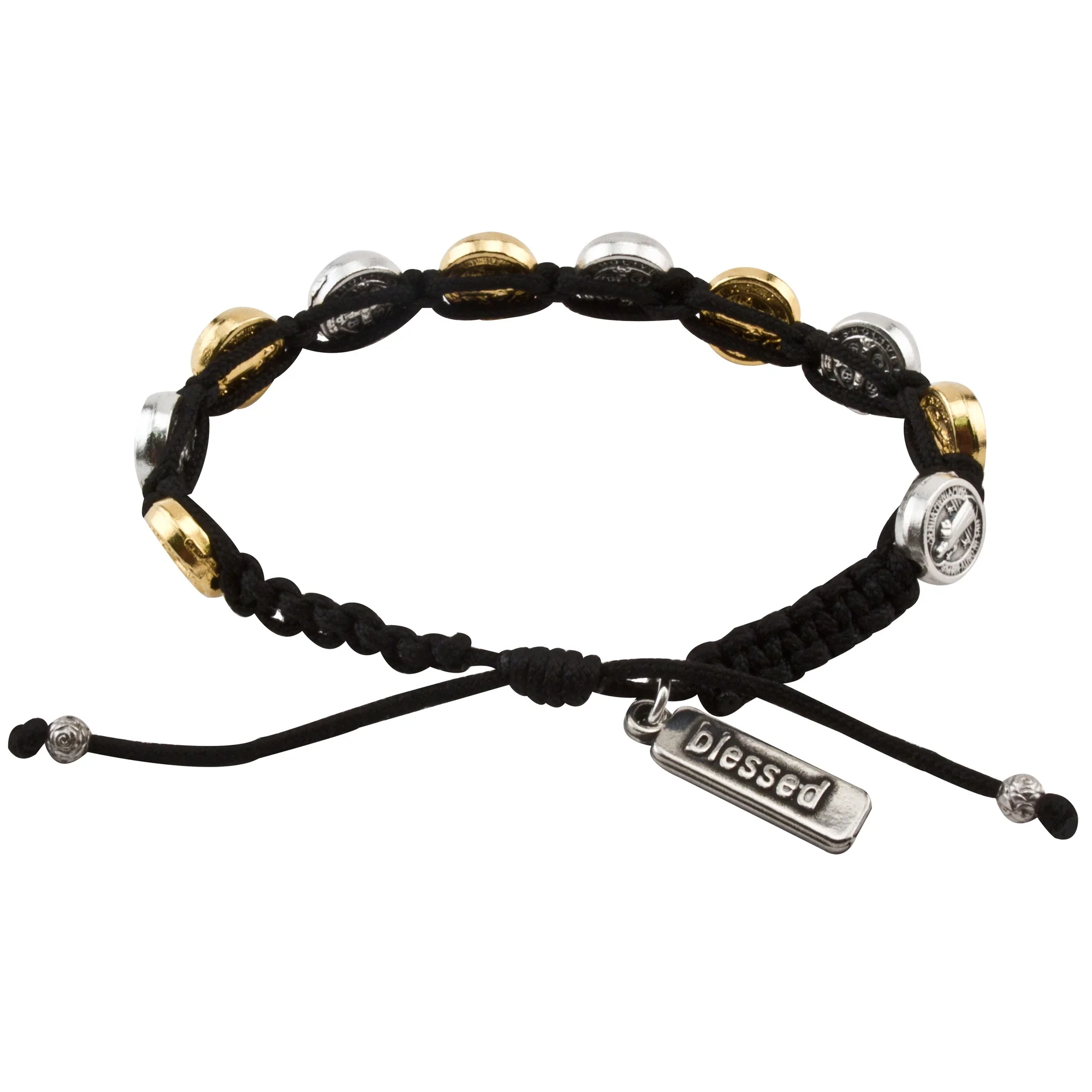 Gold & Silver Benedictine Blessing Bracelet, Black Macrame - Image 2