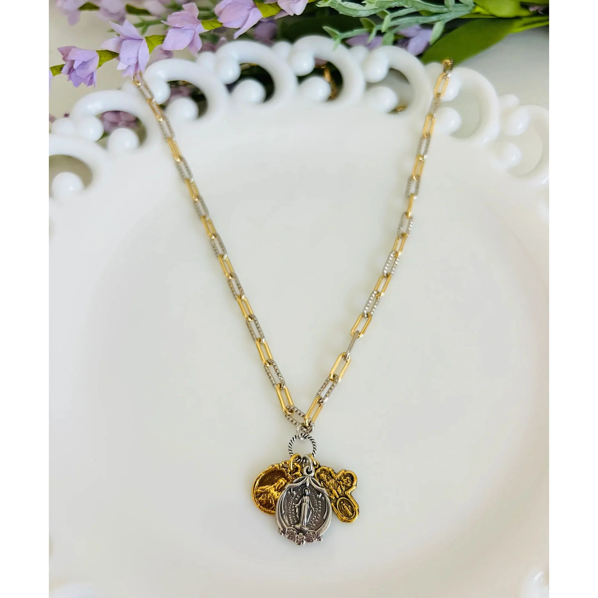 Gold & Silver Paperclip Catholic Charm Necklace