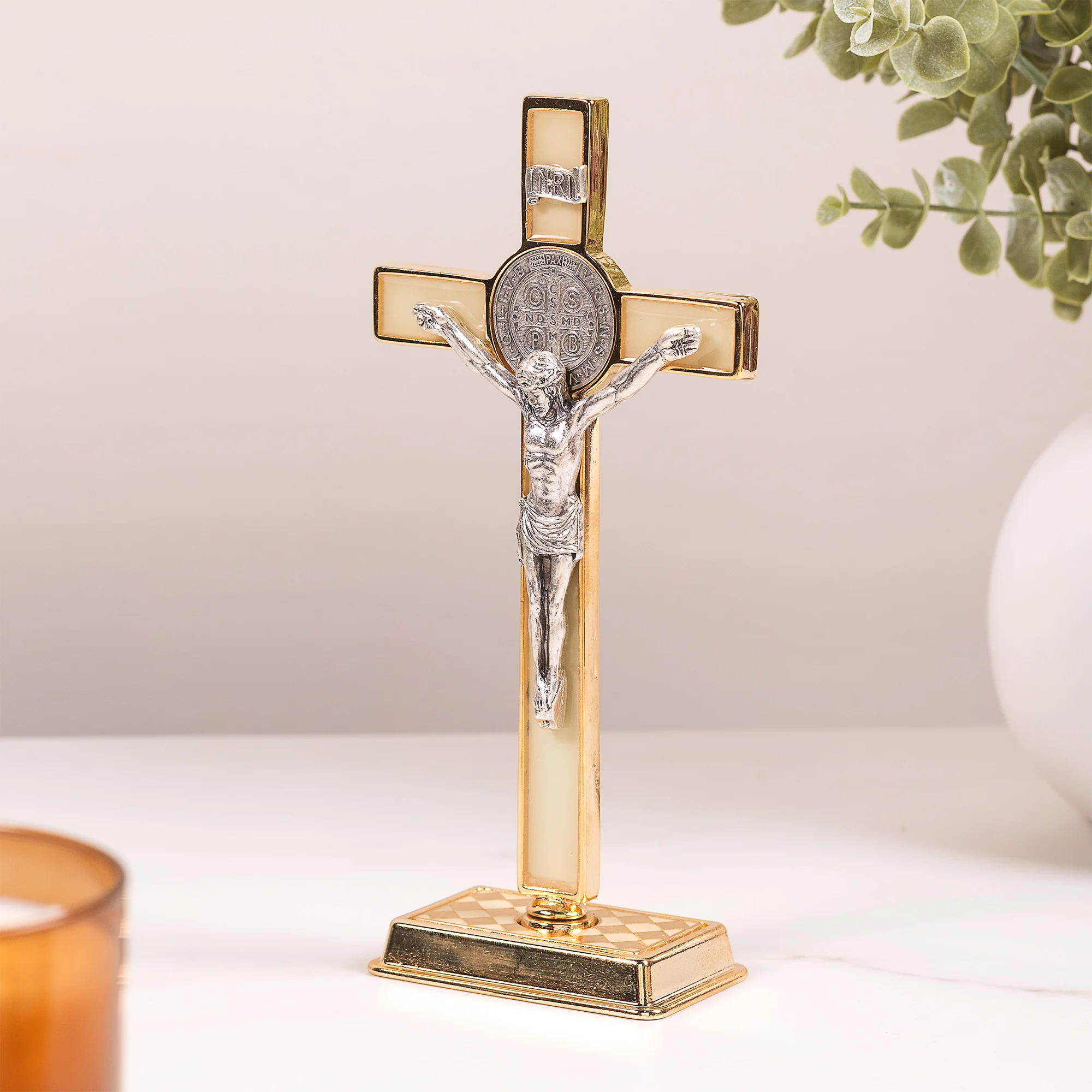 Gold & Silver Standing St. Benedict Crucifix - 8.3" x 3.5" - Image 3