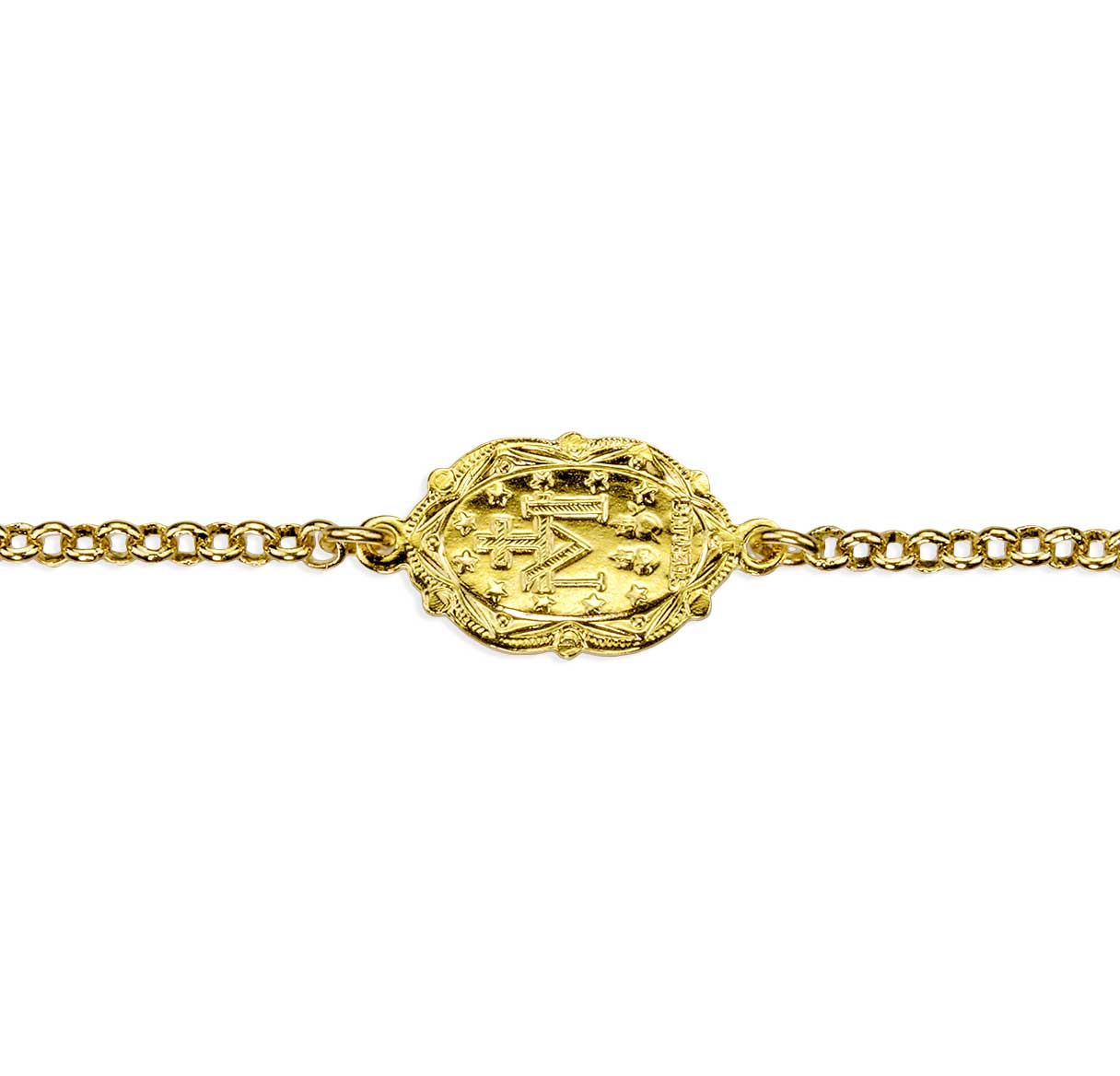 Gold/Sterling Silver Rolo Chain Miraculous Medal Bracelet - Image 2