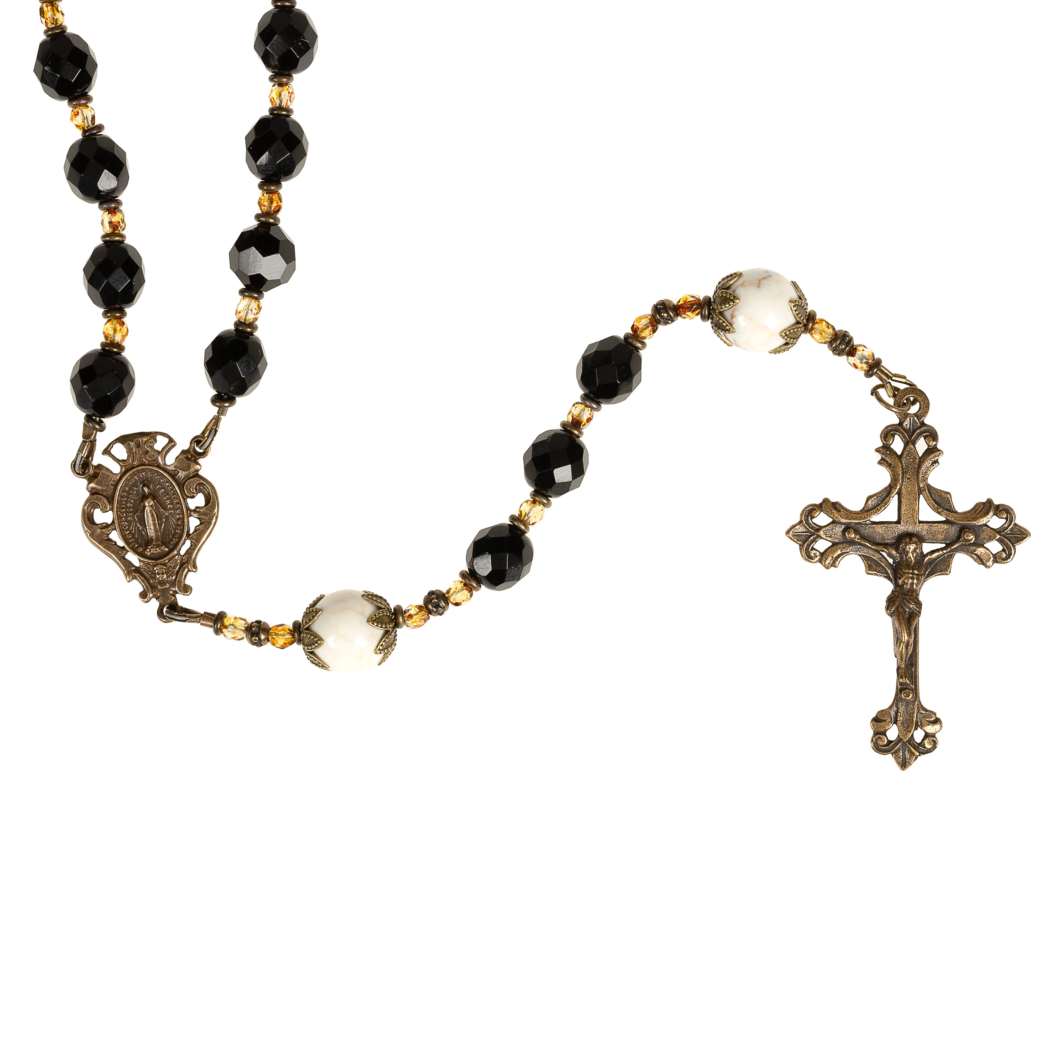 Good Catholic Jet Black & Ivory Antique Bronze Rosary - Image 2