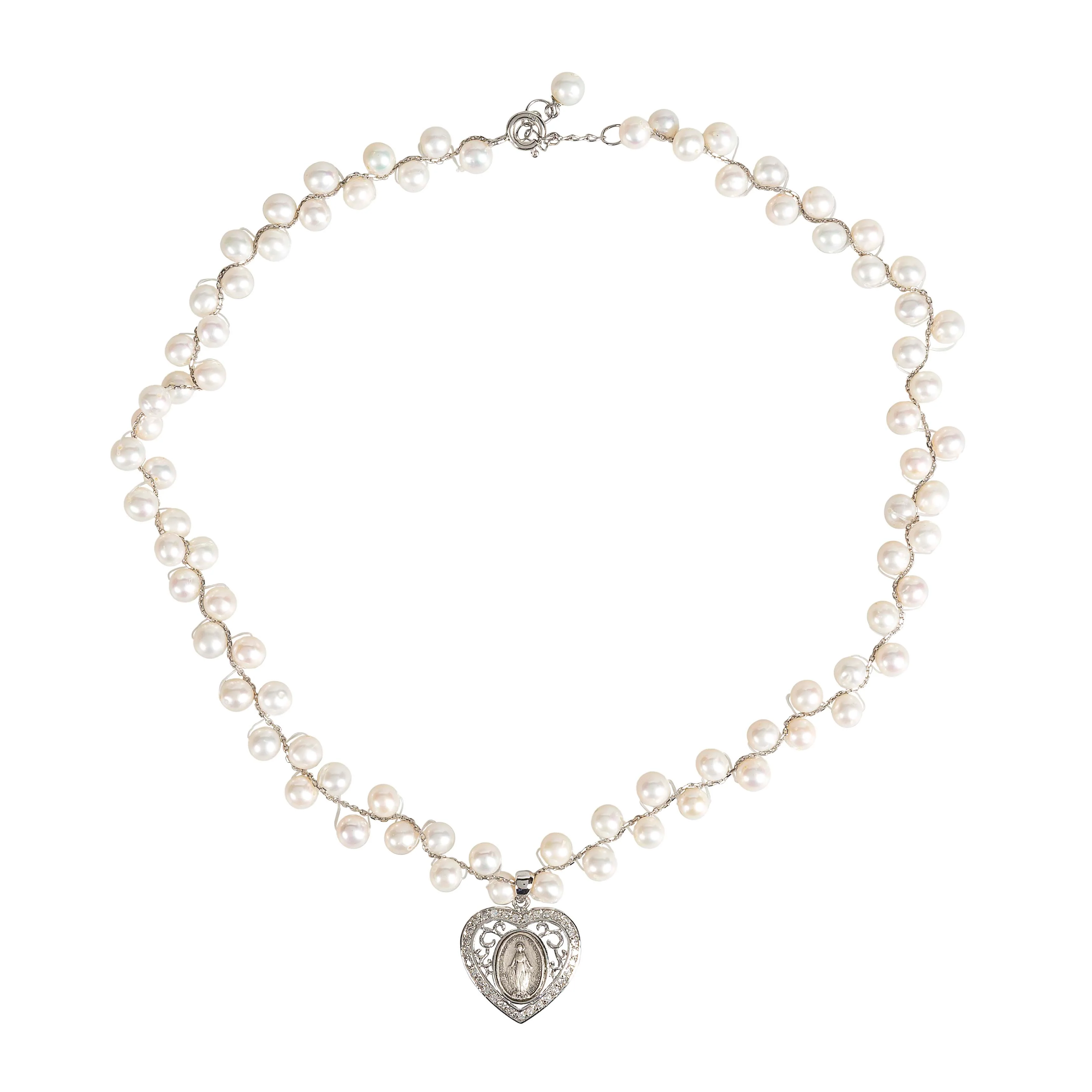 Grapevine Pearl Miraculous Medal Heart Necklace - Image 3