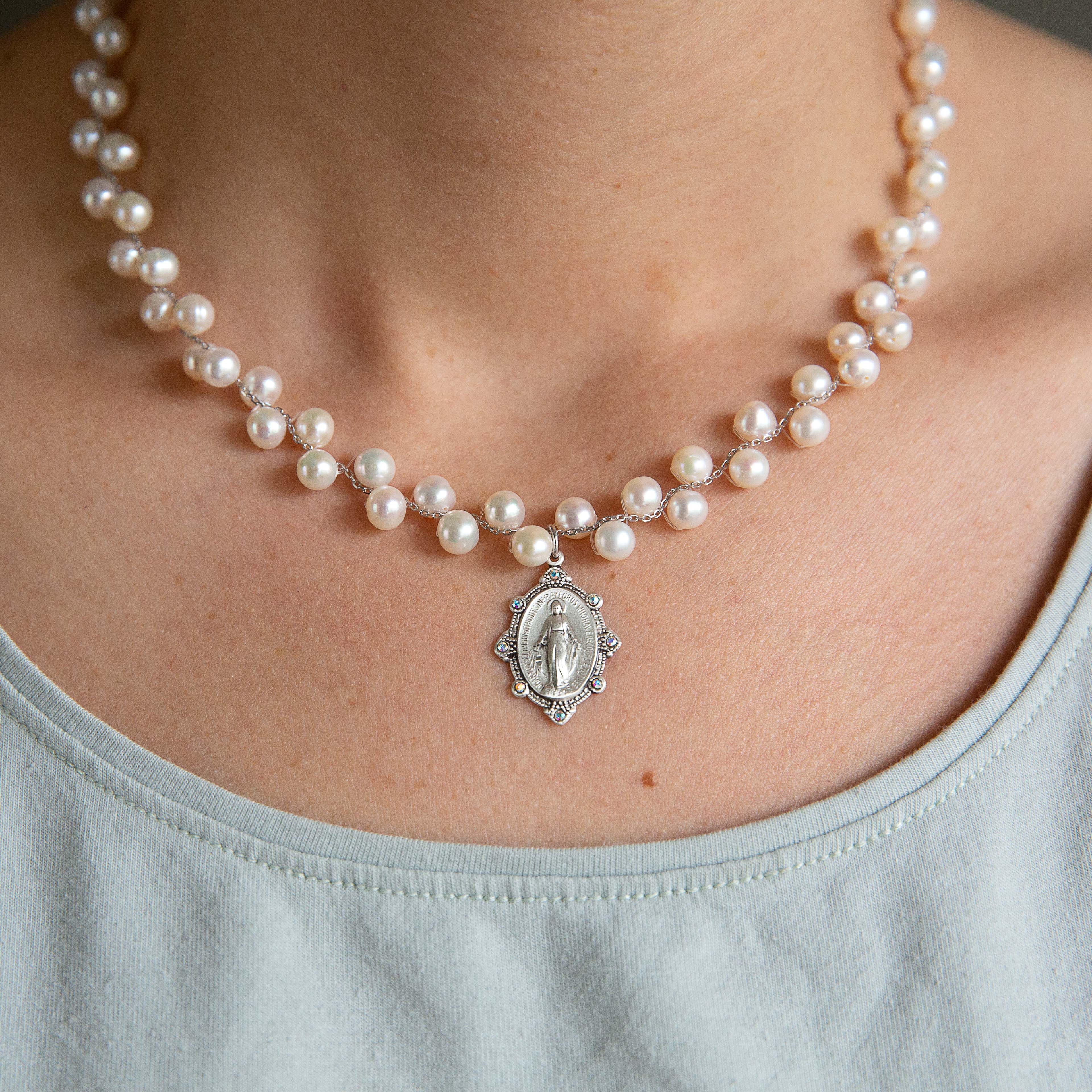 Grapevine Pearl Miraculous Medal Swarovski Necklace - Image 2