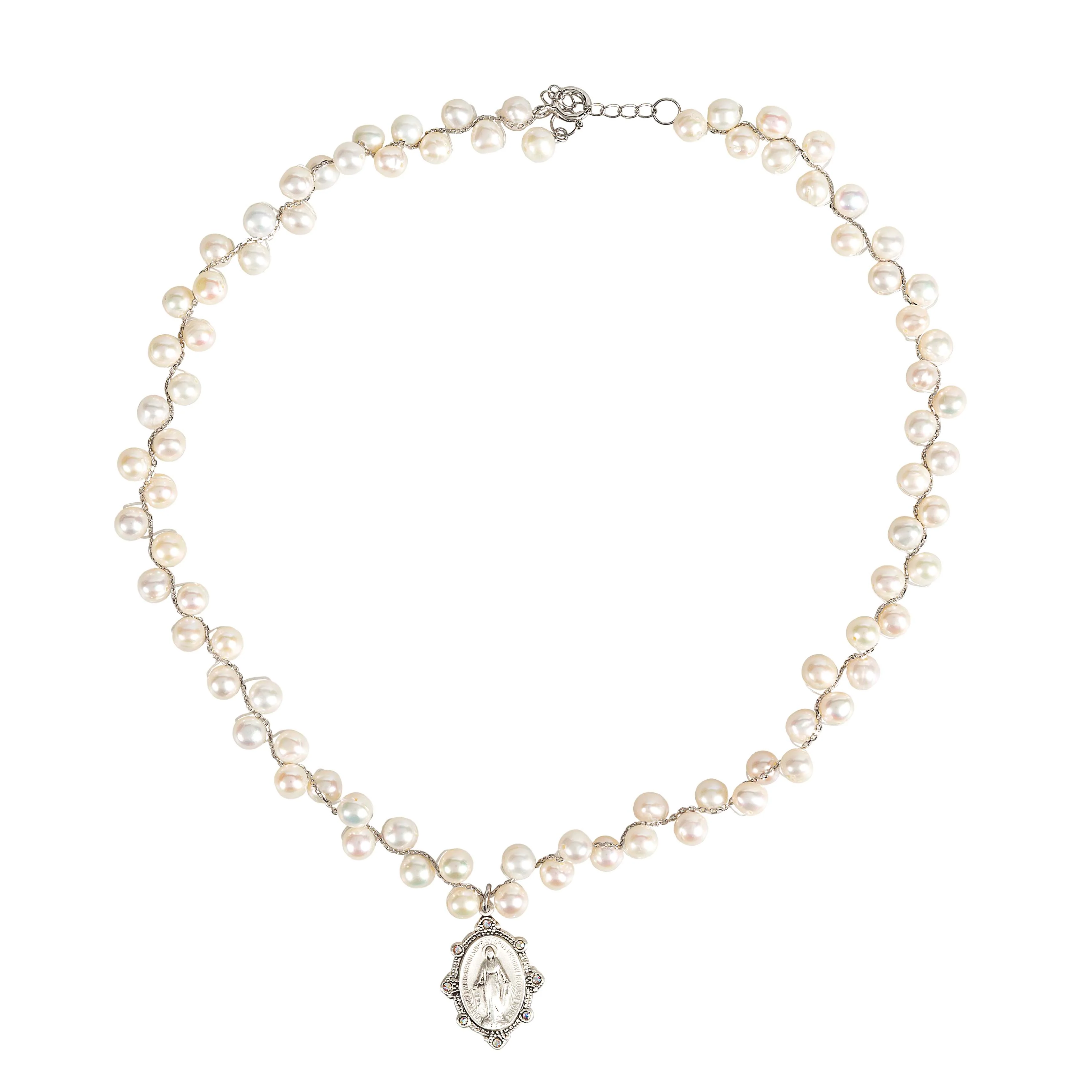 Grapevine Pearl Miraculous Medal Swarovski Necklace - Image 3