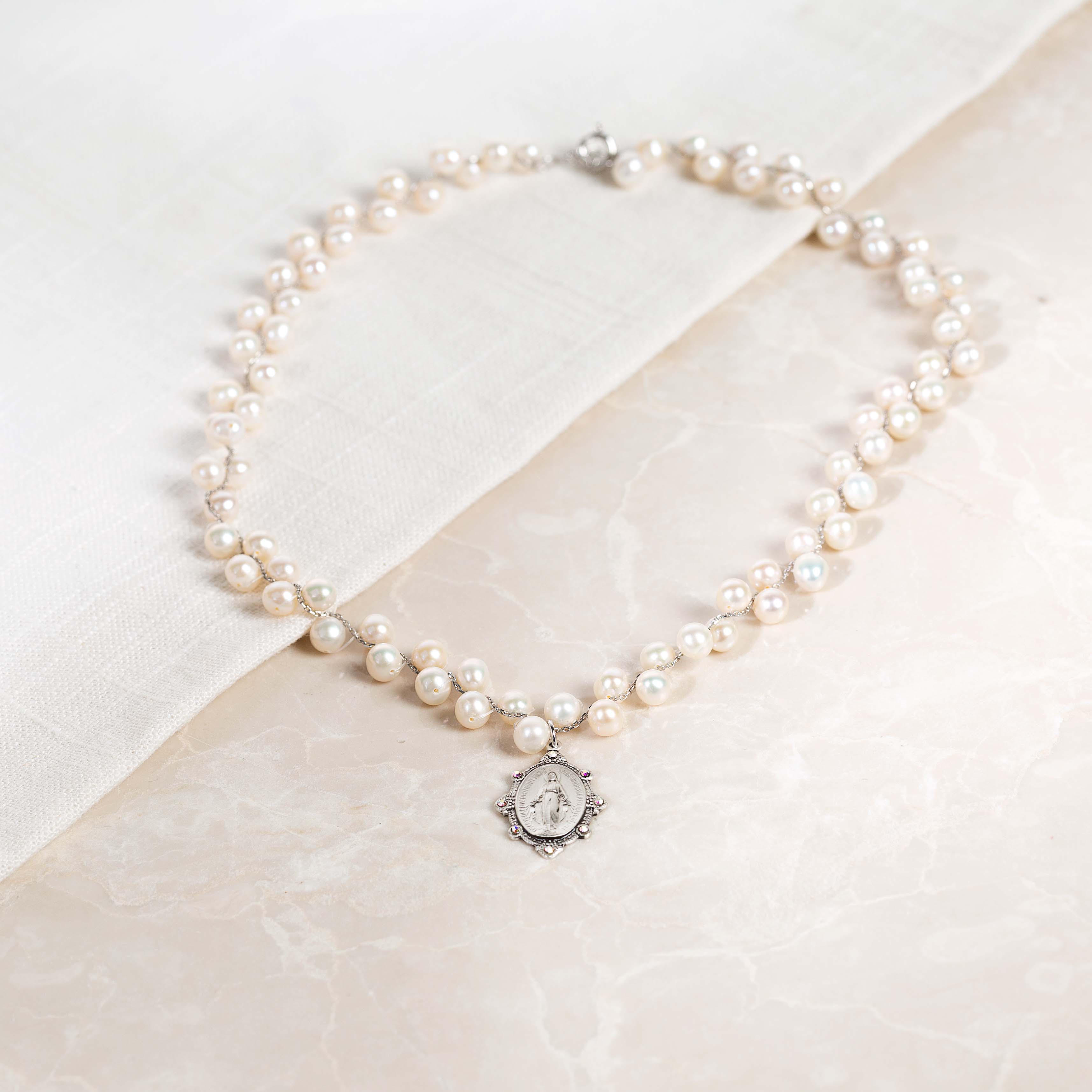 Grapevine Pearl Miraculous Medal Swarovski Necklace - Image 4