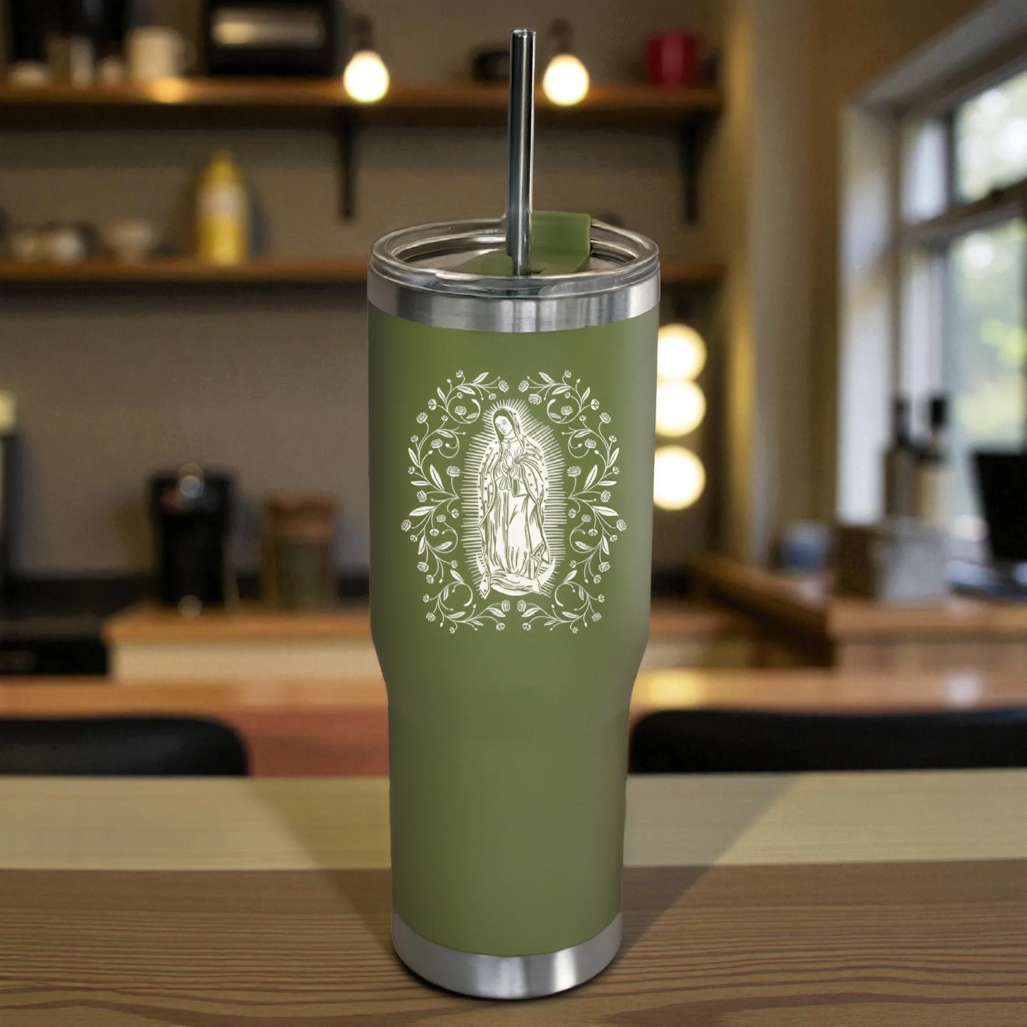 Green Our Lady of Guadalupe Stainless Steel Tumbler with Straw - Image 2